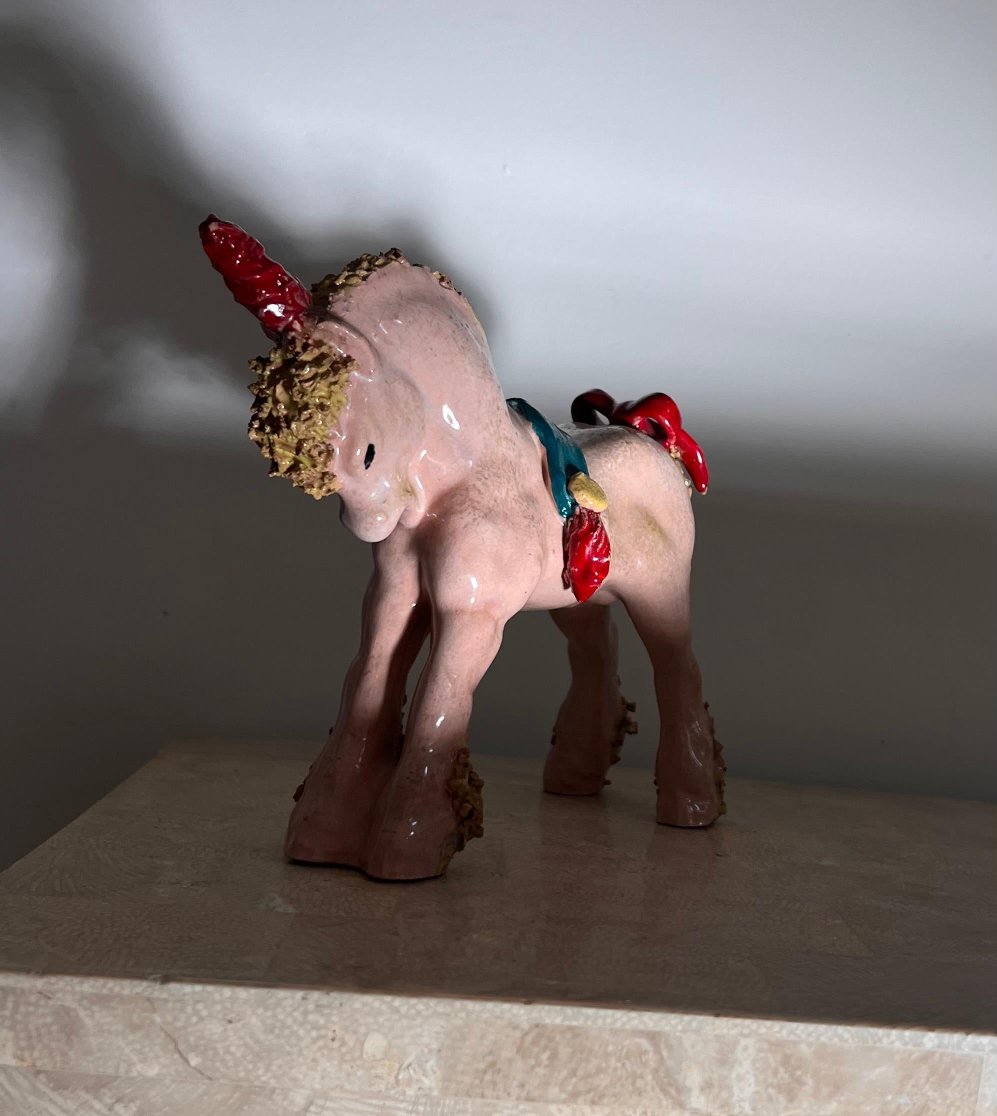 Whimsical ceramic sculpture of a pony unicorn by Bill Meyer, signed, 20th c 7