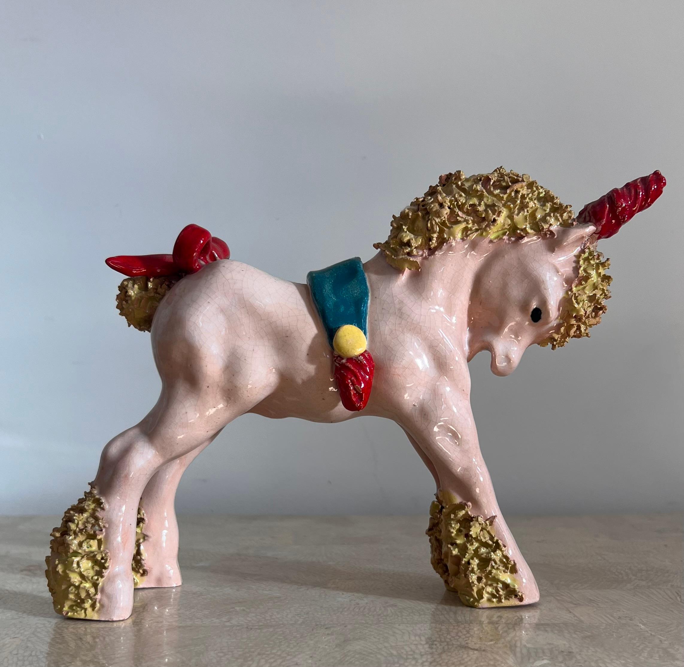 Whimsical ceramic sculpture of a pony unicorn by Bill Meyer, signed, 20th c 8