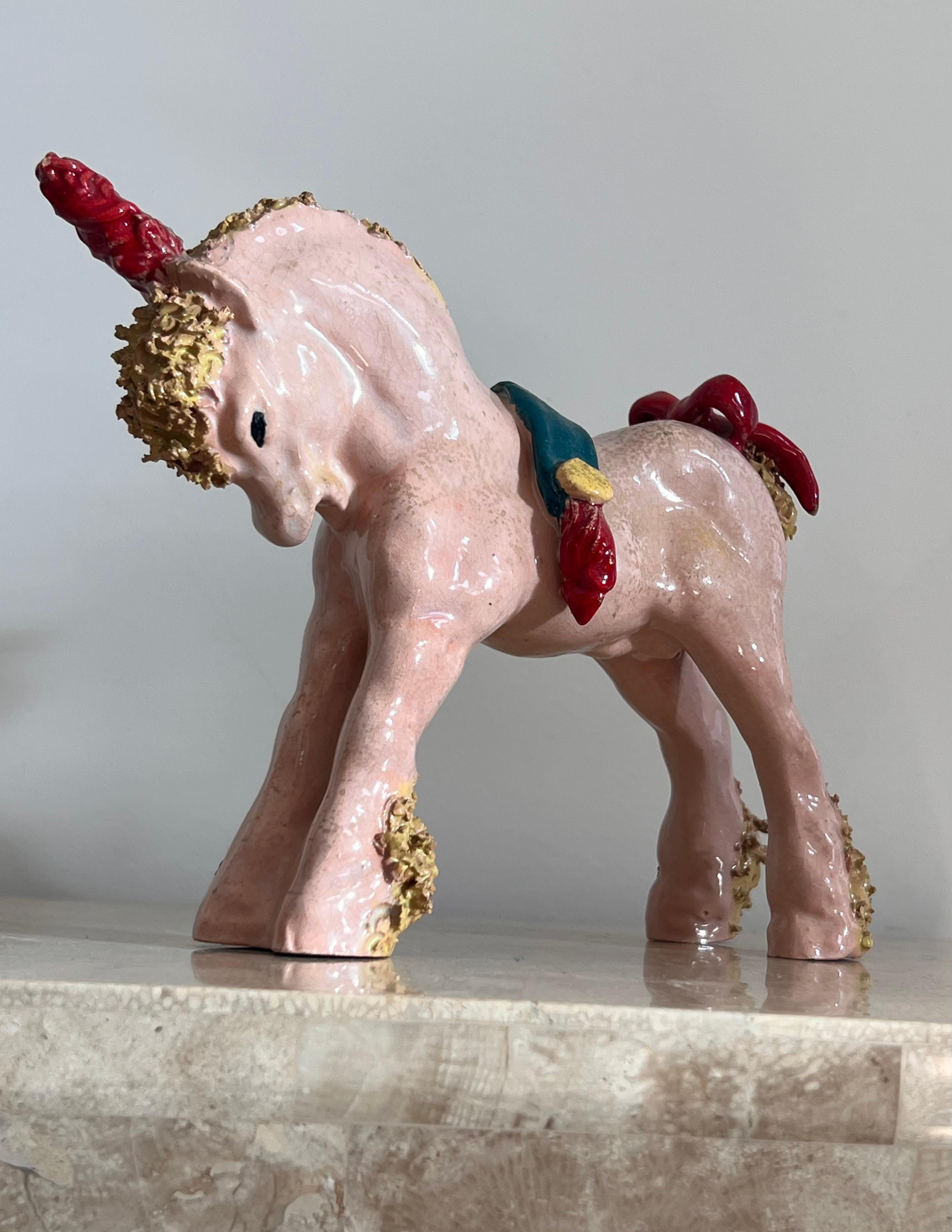 Whimsical ceramic sculpture of a pony unicorn by Bill Meyer, signed, 20th c 9