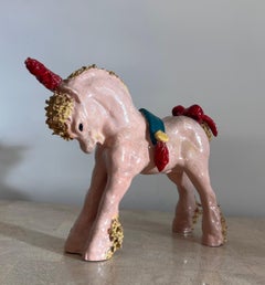 Whimsical ceramic sculpture of a pony unicorn by Bill Meyer, signed, 20th c