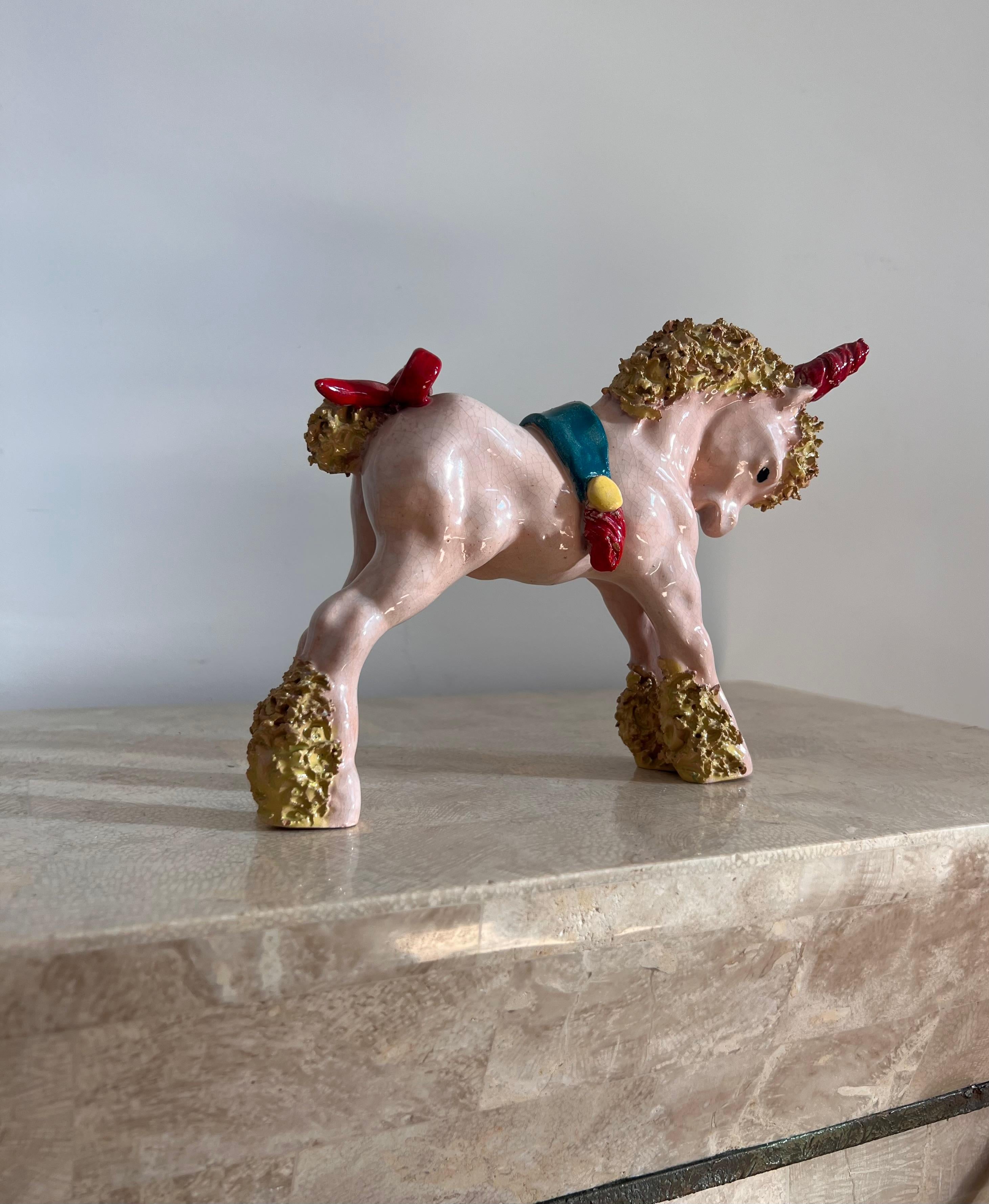 Rococo Revival Whimsical ceramic sculpture of a pony unicorn by Bill Meyer, signed, 20th c