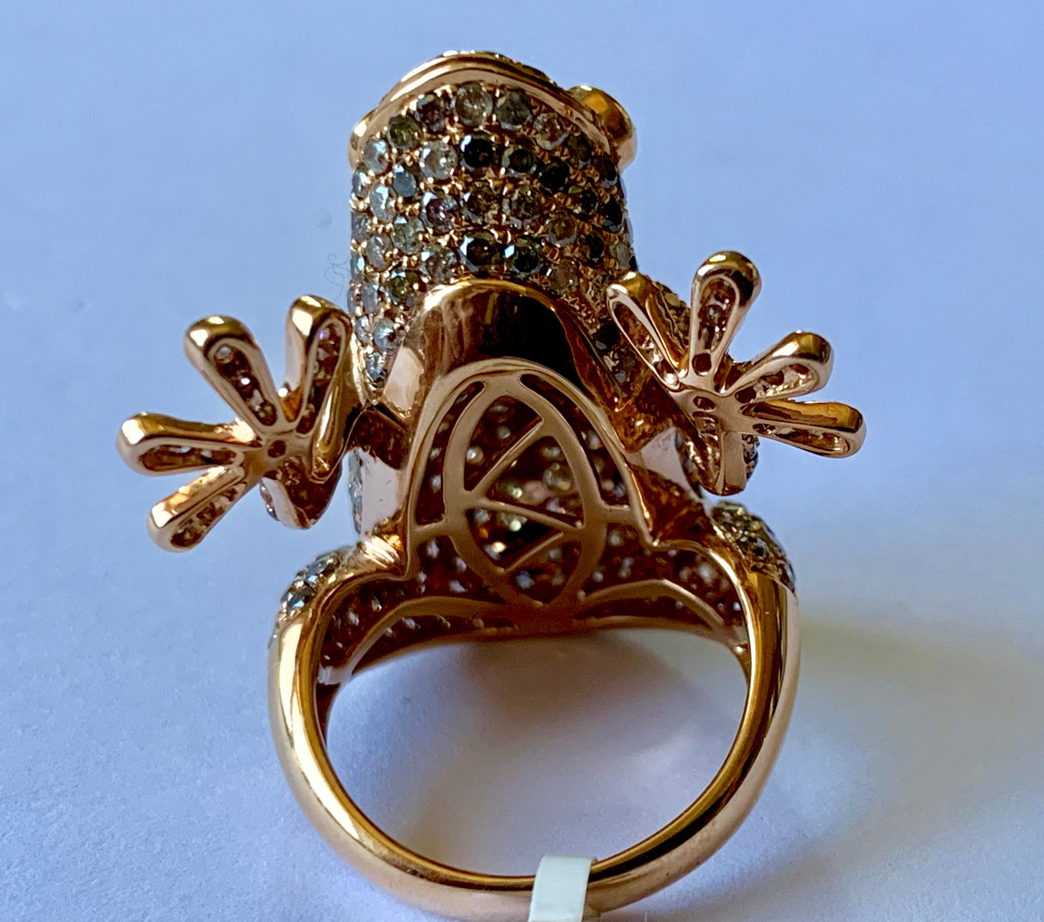 Women's Whimsical Champagne Diamond Pink Gold Frog Ring