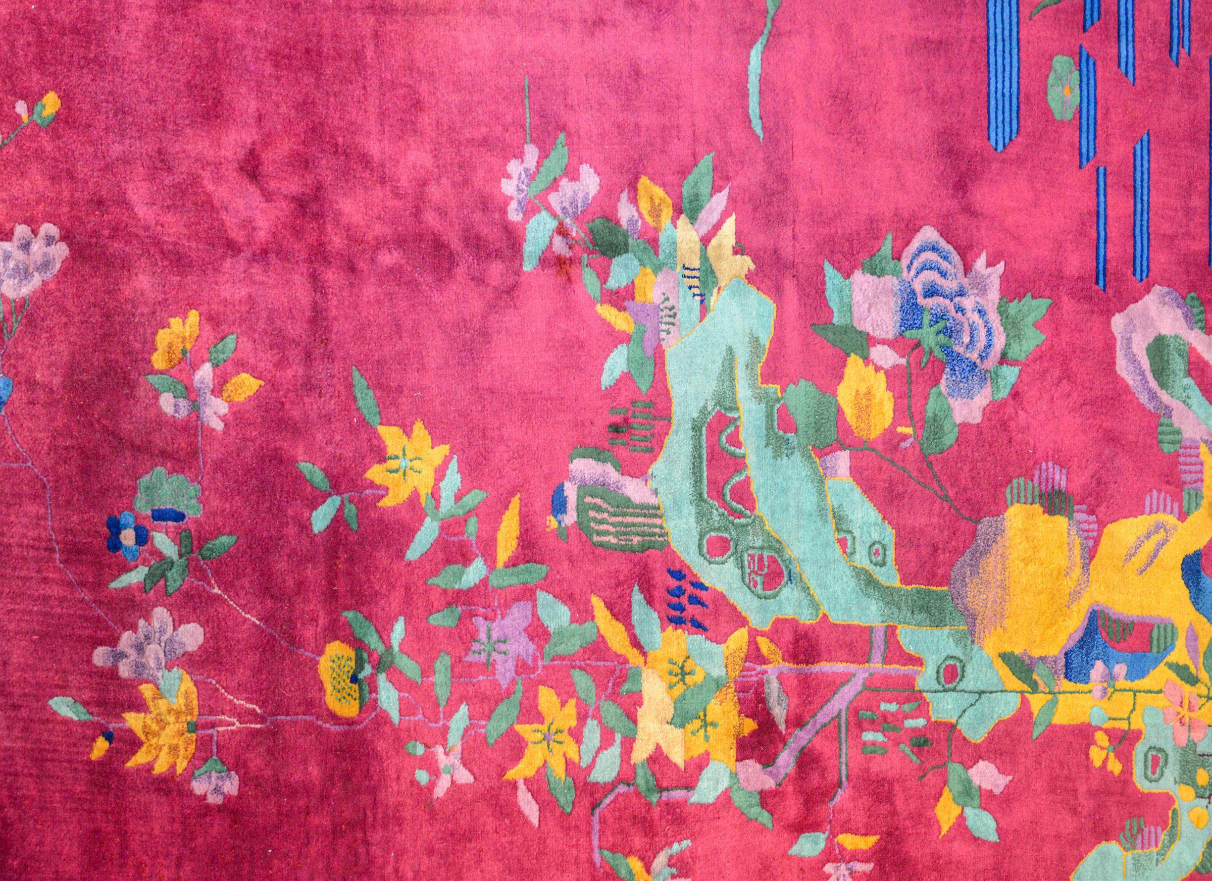 Vegetable Dyed Whimsical Chinese Art Deco Rug For Sale
