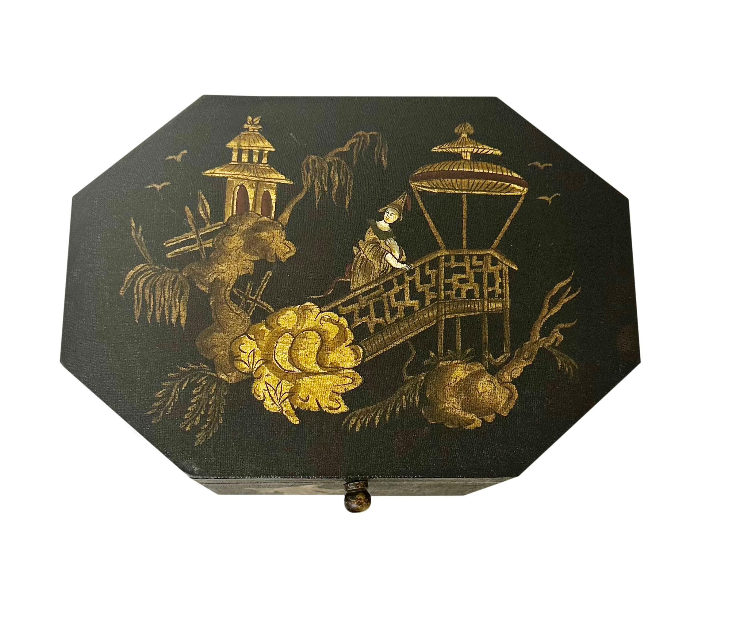 An extremely well decorated chinoiserie box with asian figures, animals and botanicals. Eight sided. From Italy, circa 1940's. The interior is four inches deep.