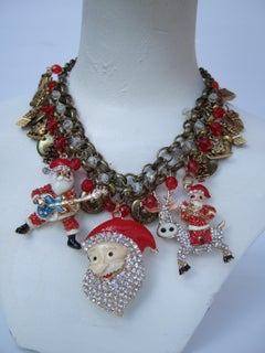 Vintage Whimsical Chunky Santa Claus Christmas Themed Dangling Charm Necklace c 1980s