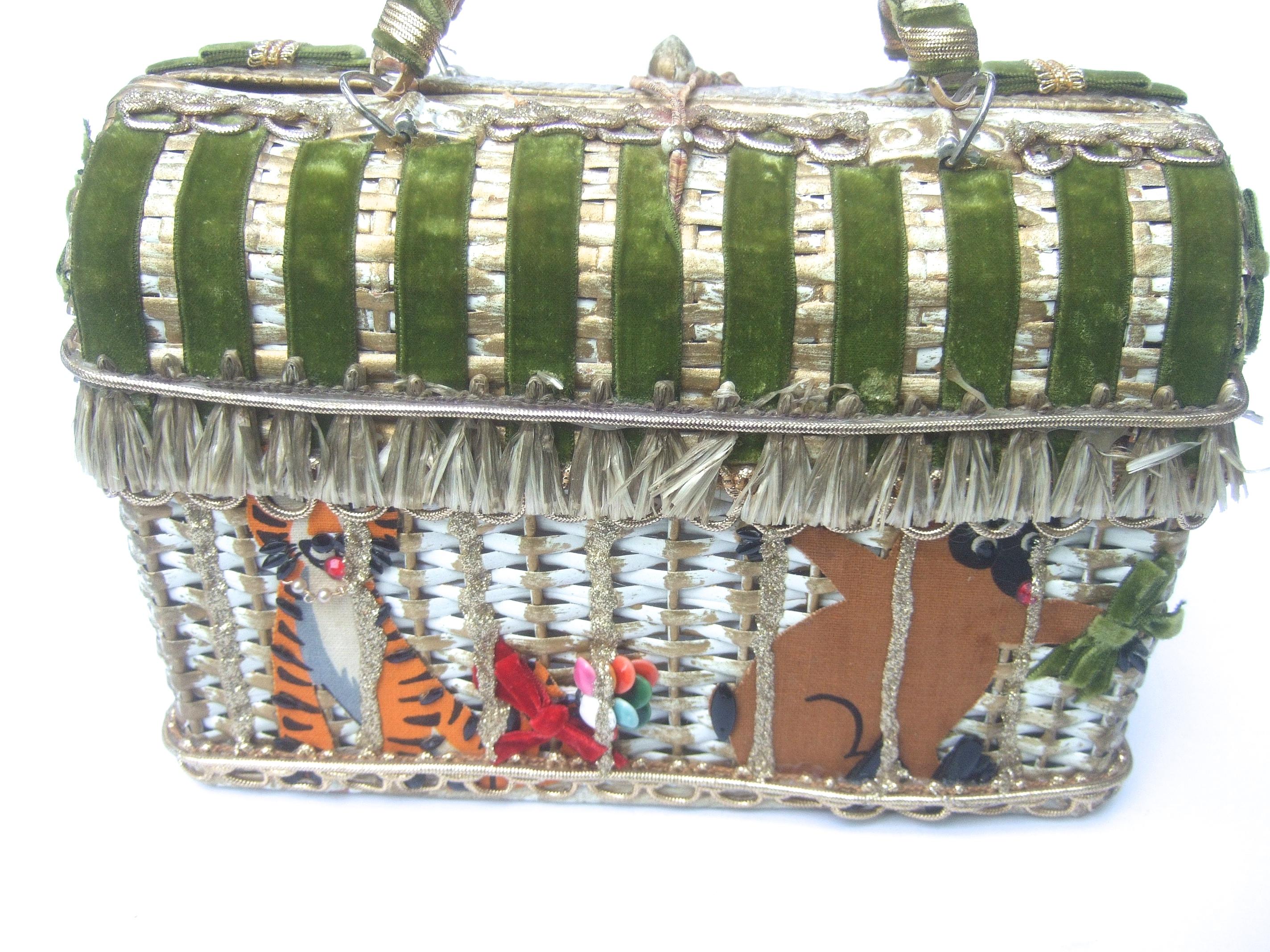 Whimsical Circus Theme Wicker Handbag by Soure Bag NY circa 1950s 5