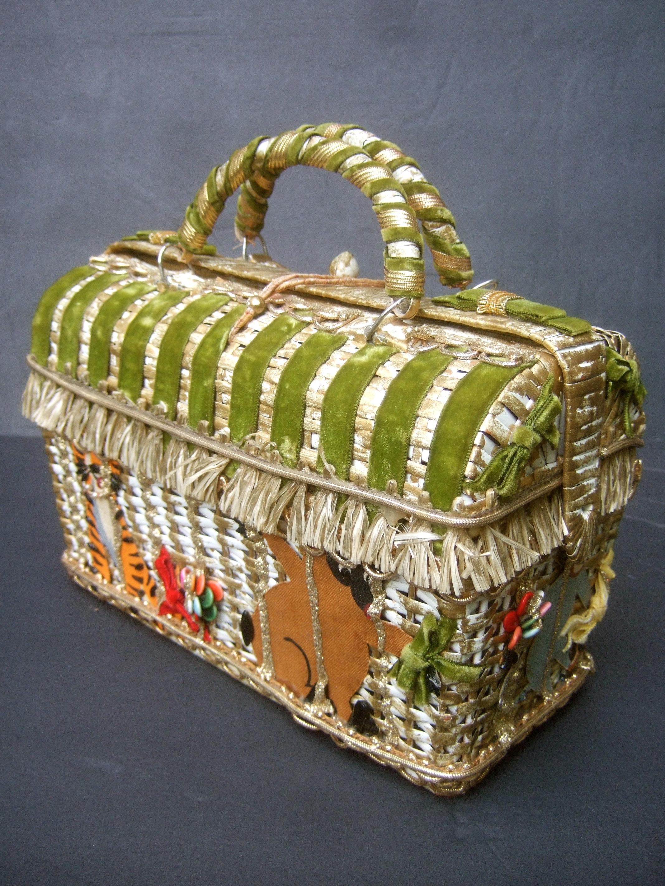 Whimsical Circus Theme Wicker Handbag by Soure Bag NY circa 1950s 6