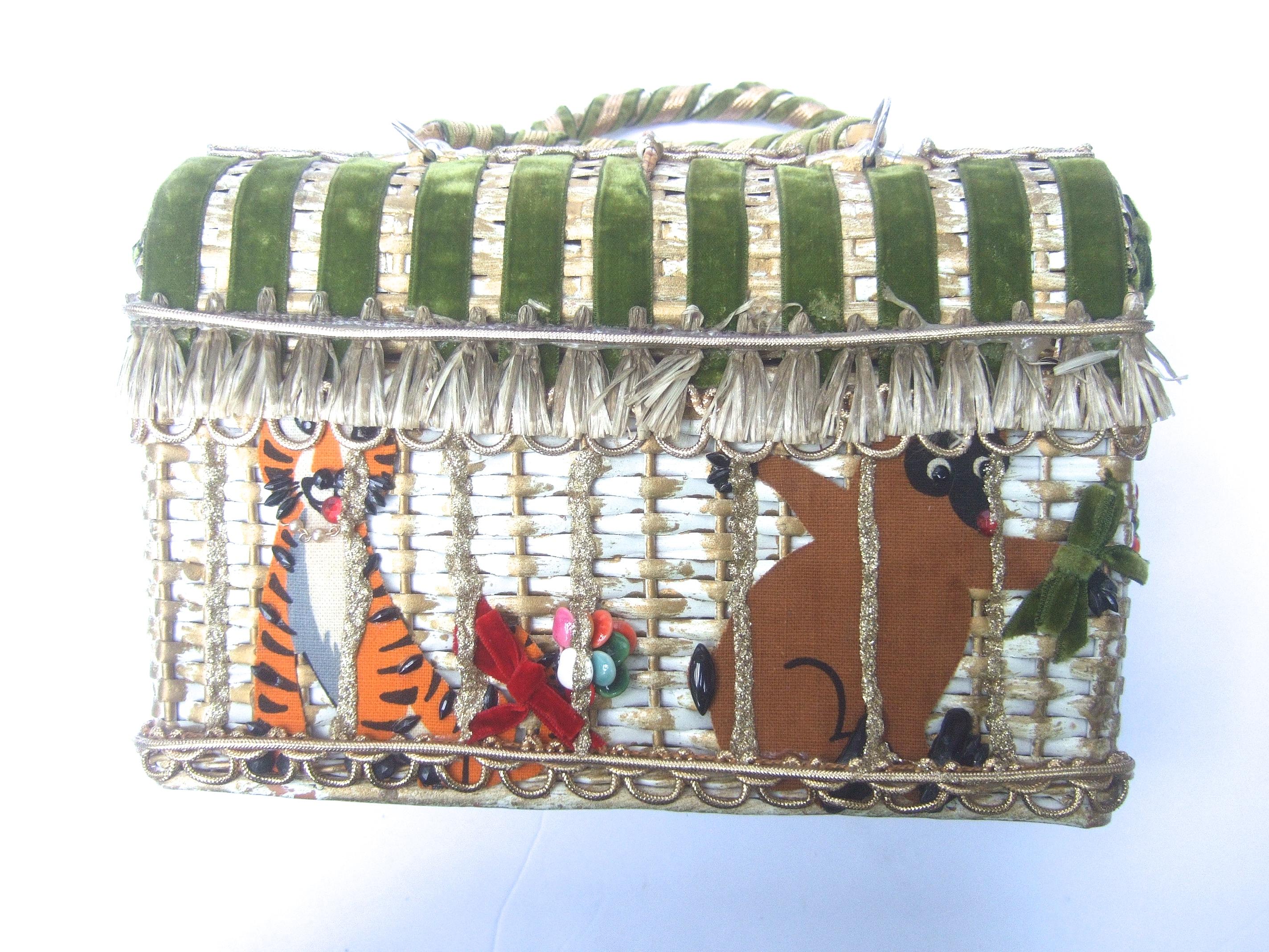 Whimsical Circus Theme Wicker Handbag by Soure Bag NY circa 1950s 7