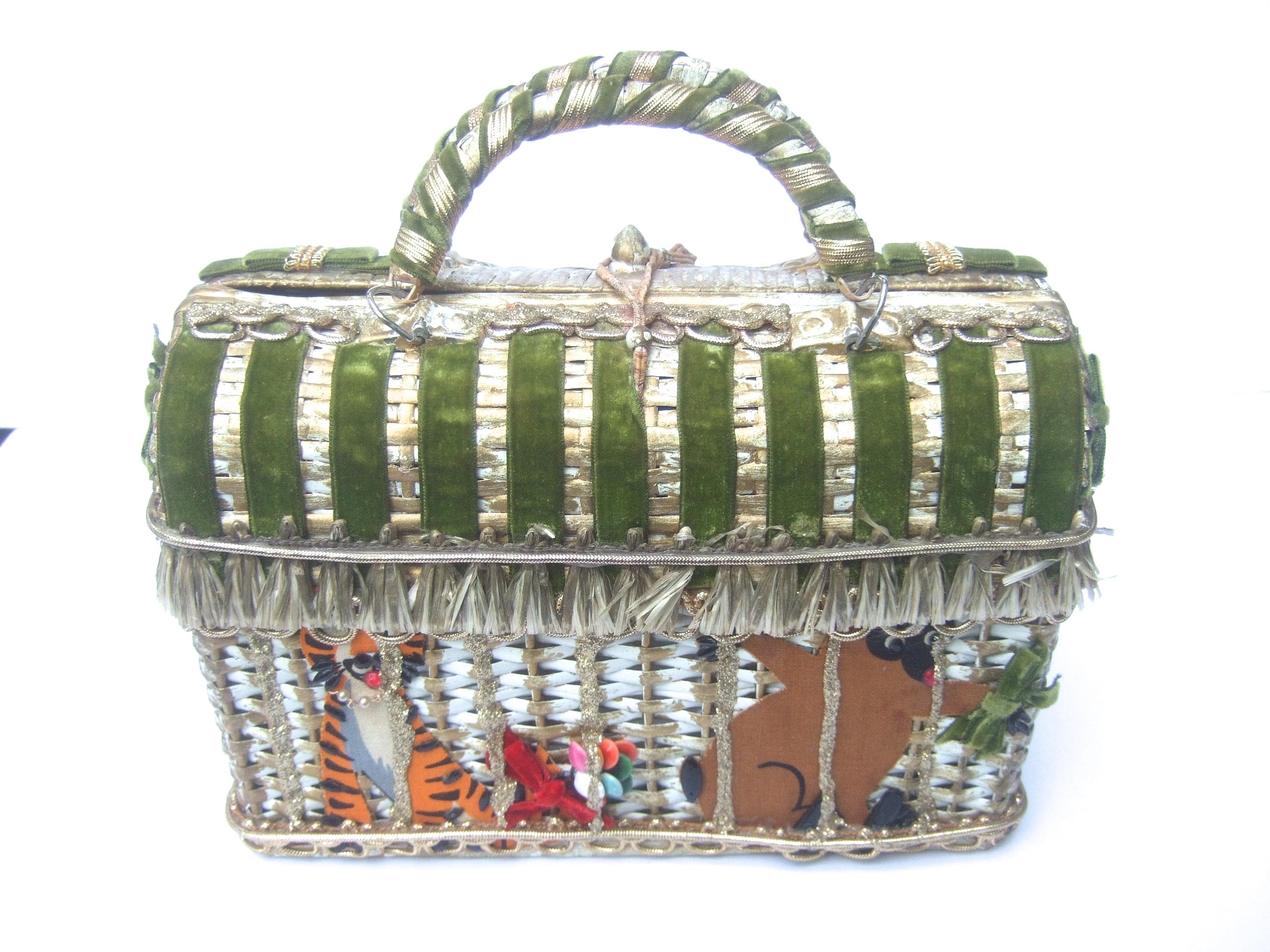 Whimsical Circus Theme Wicker Handbag by Soure Bag NY circa 1950s 8