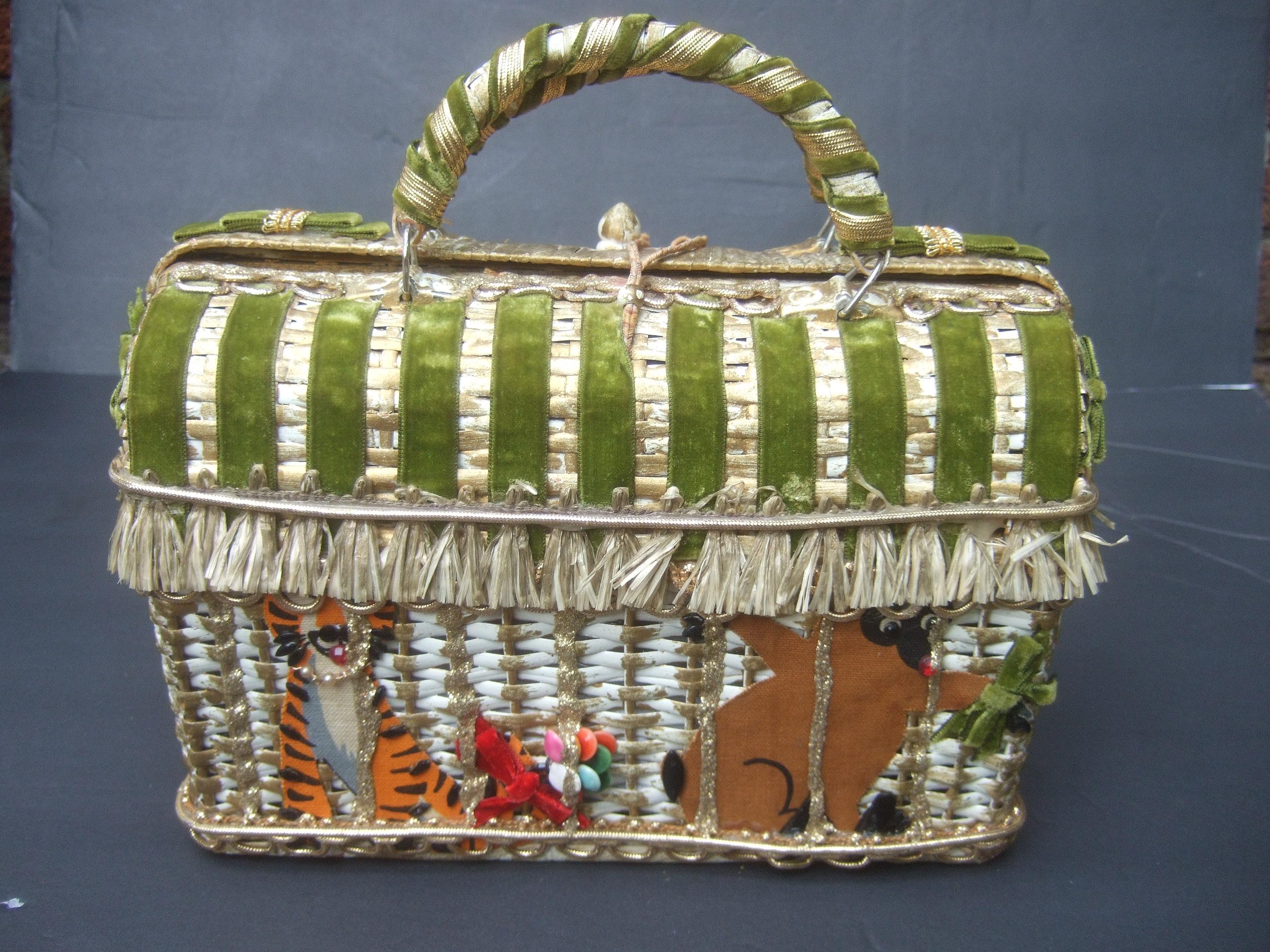 Brown Whimsical Circus Theme Wicker Handbag by Soure Bag NY circa 1950s