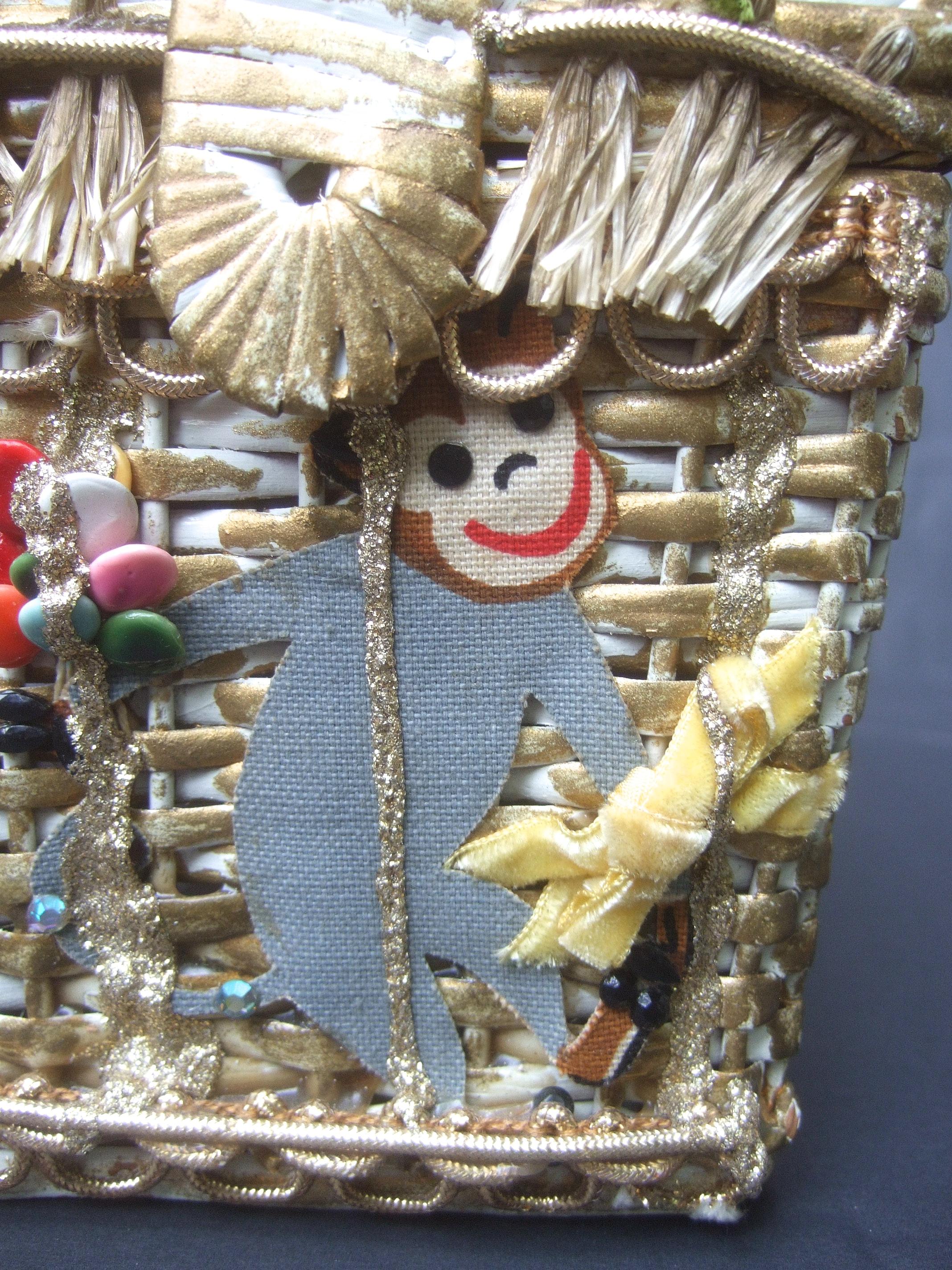 Whimsical Circus Theme Wicker Handbag by Soure Bag NY circa 1950s In Good Condition In University City, MO