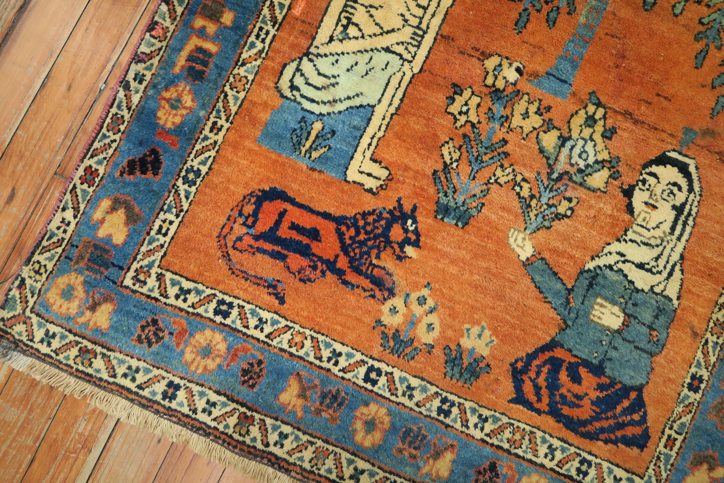 Folk Art Whimsical Conversational Pumpkin Antique Persian Pictorial 20th Century Rug