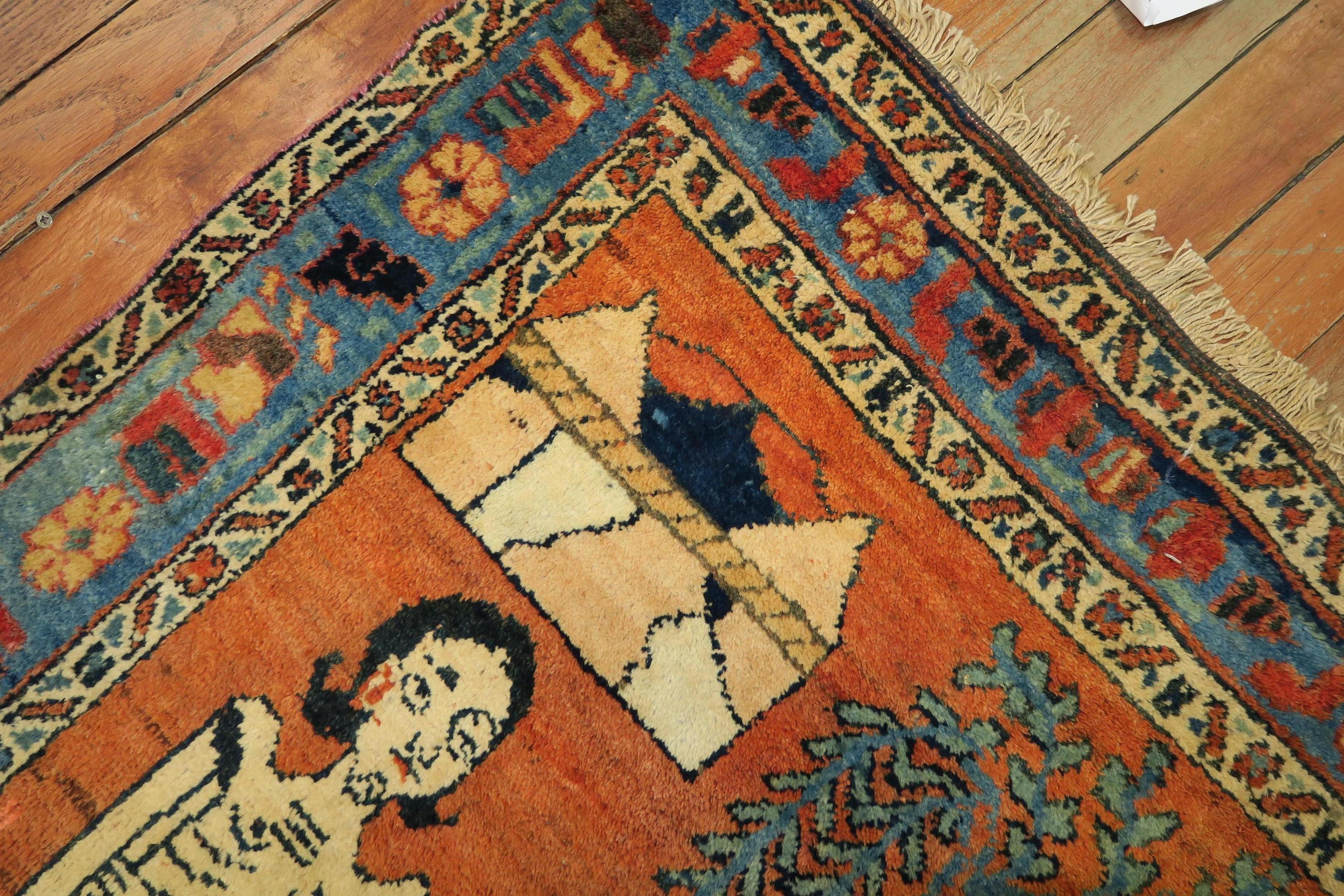 Hand-Woven Whimsical Conversational Pumpkin Antique Persian Pictorial 20th Century Rug