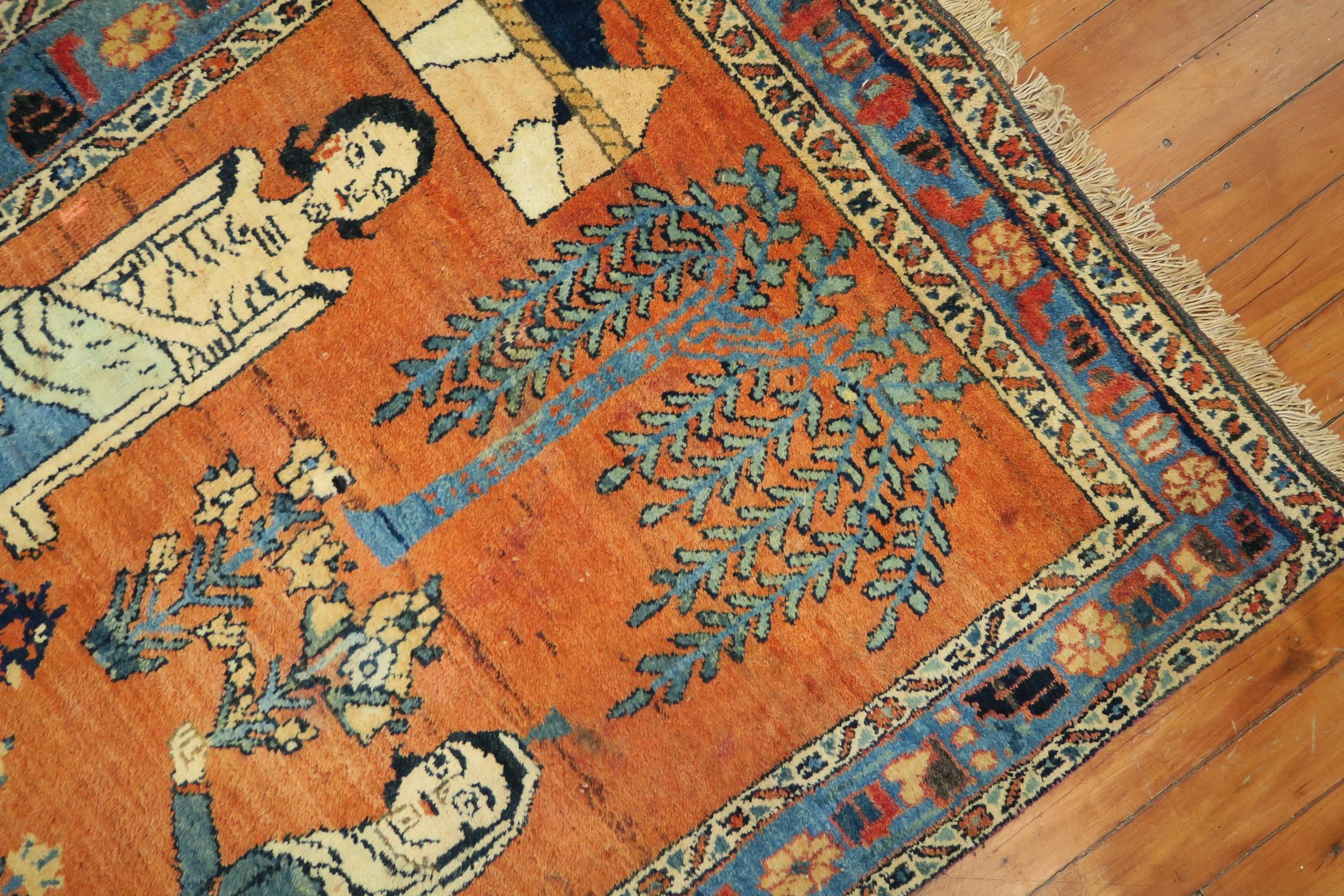 Wool Whimsical Conversational Pumpkin Antique Persian Pictorial 20th Century Rug