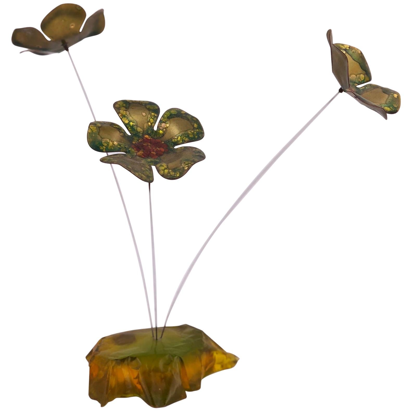 Whimsical Copper on Enamel Flowers Sculpture in the Style of Curtis Jere