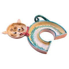 Whimsical Decorative Italian Mid Century Hand Painted Cat Bowl Signed & Dated