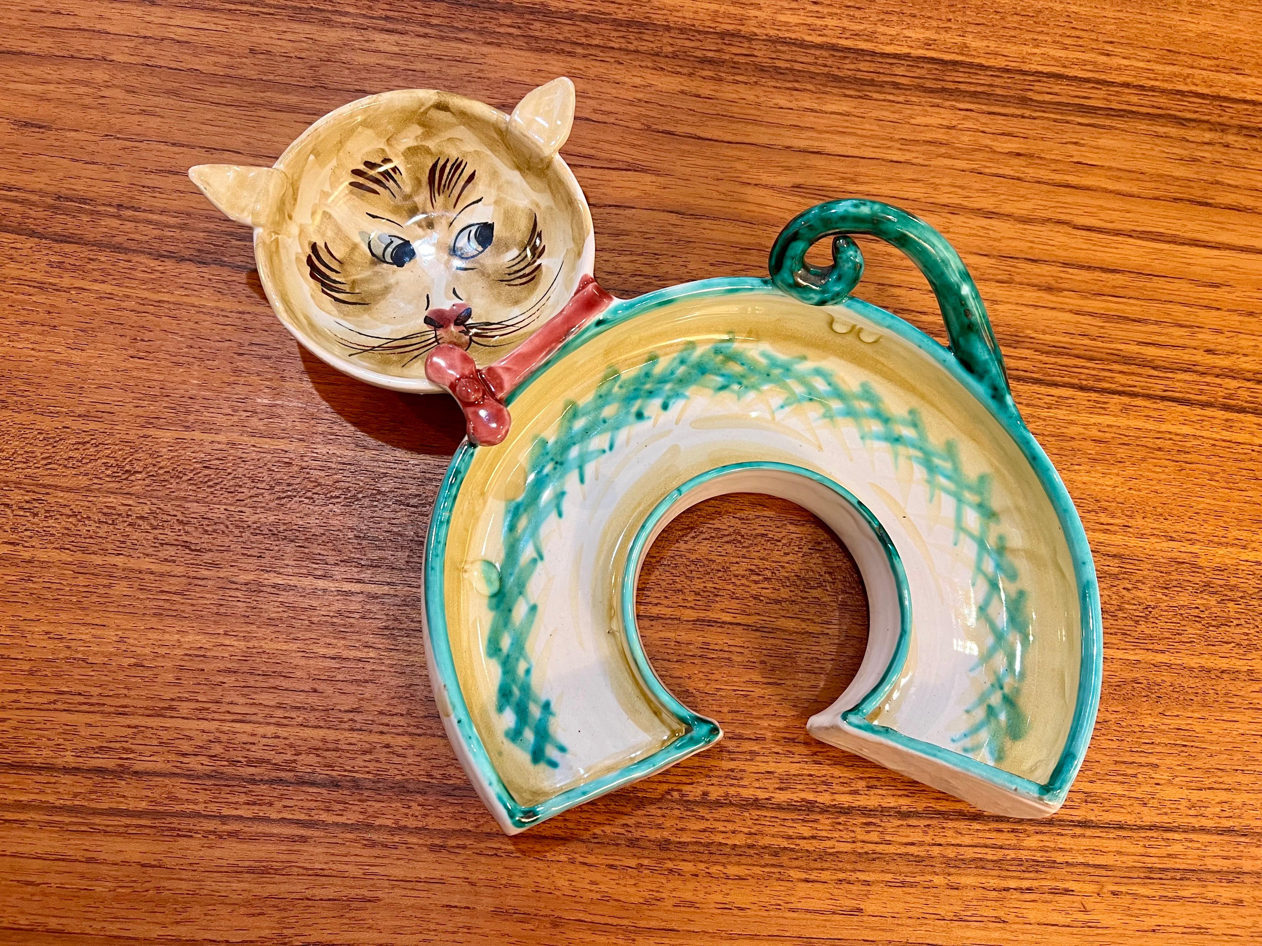 Mid-Century Modern Whimsical Decorative Italian Mid Century Hand Painted Cat Bowl Signed & Dated