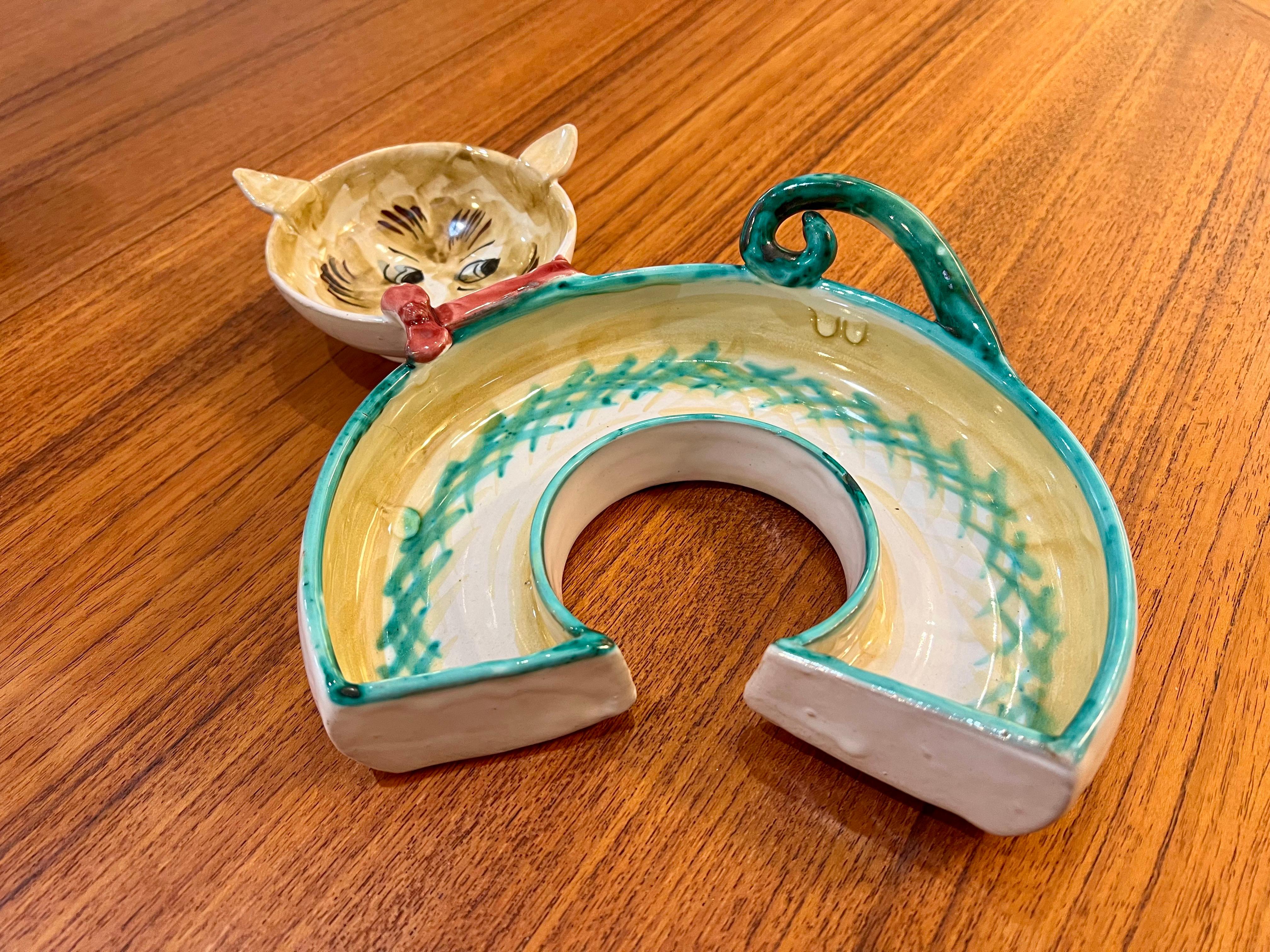 Ceramic Whimsical Decorative Italian Mid Century Hand Painted Cat Bowl Signed & Dated