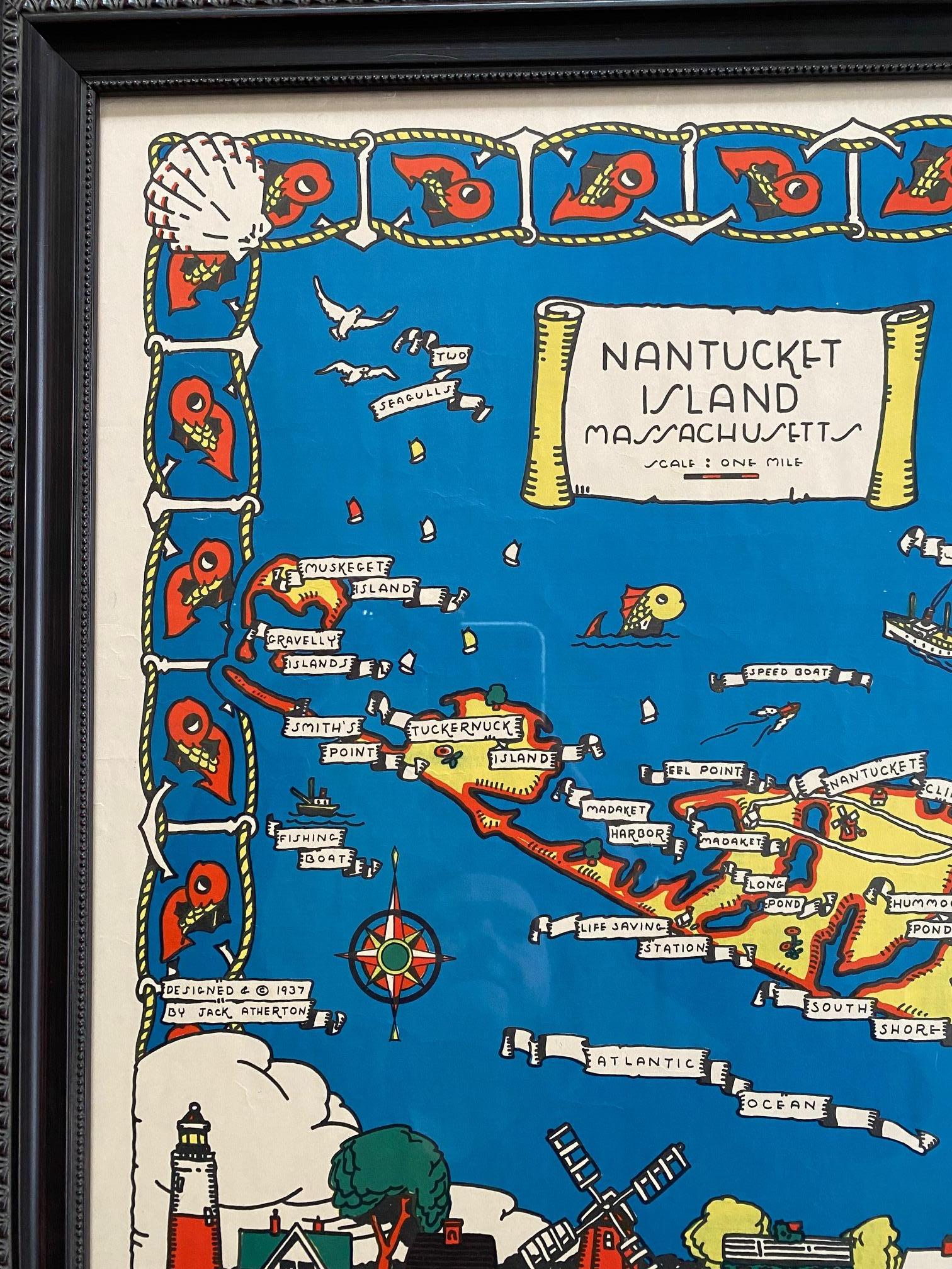 A wonderful vintage pictorial map of Nantucket Island, by Jack Atherton, 1937, simple and whimsical, showing the general lay of the land and featuring the main roads and place names, the border lined with iconic buildings and lighthouses. The water
