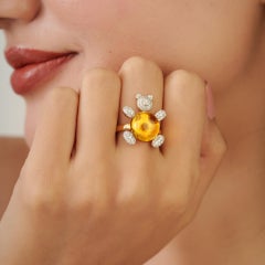 Whimsical Diamond Bear Cocktail Ring with 7.24ct Cabochon Citrine in 18K Gold