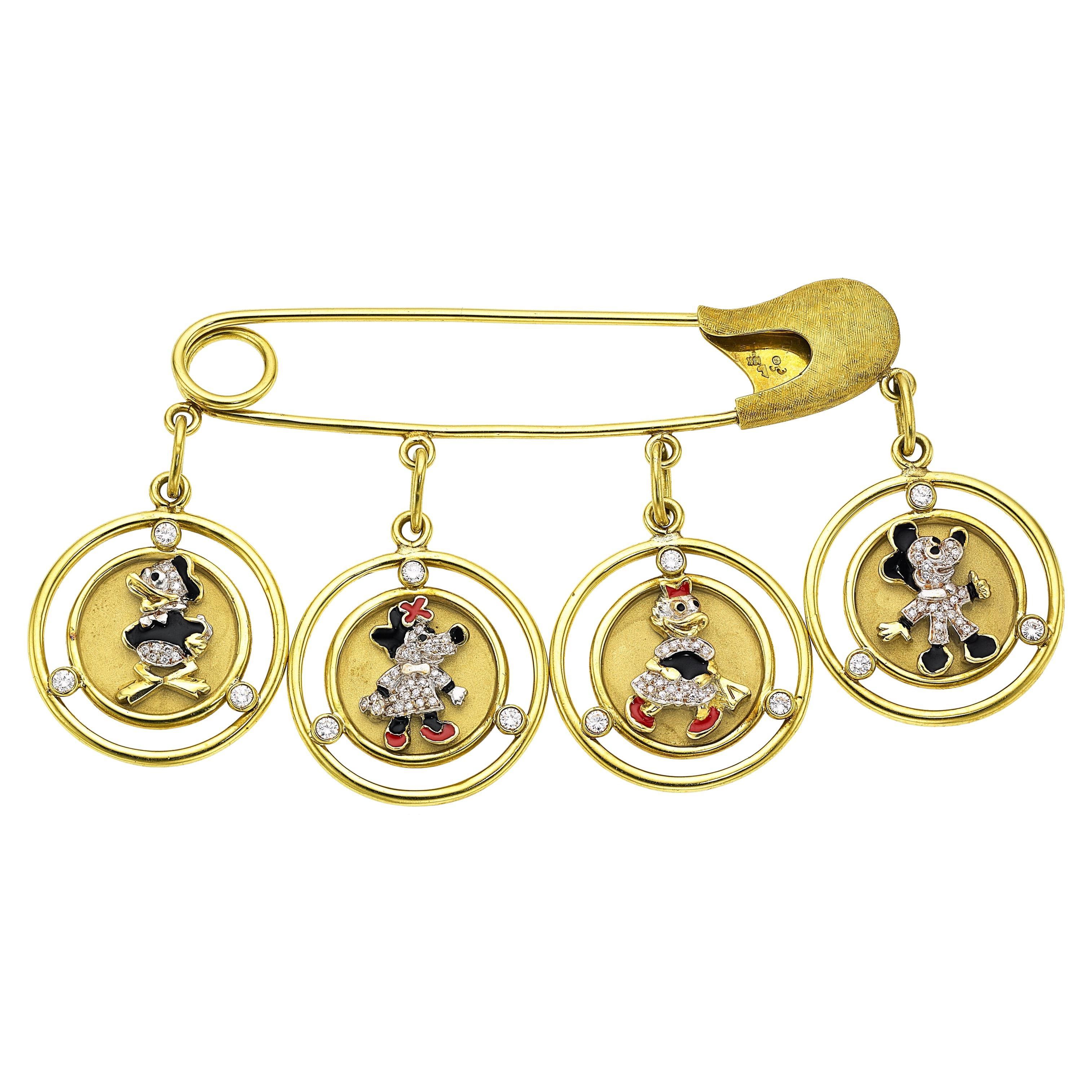 Whimsical Disney Inspired 18k Yellow Gold Diamond Brooch w/Charms 108.90gr