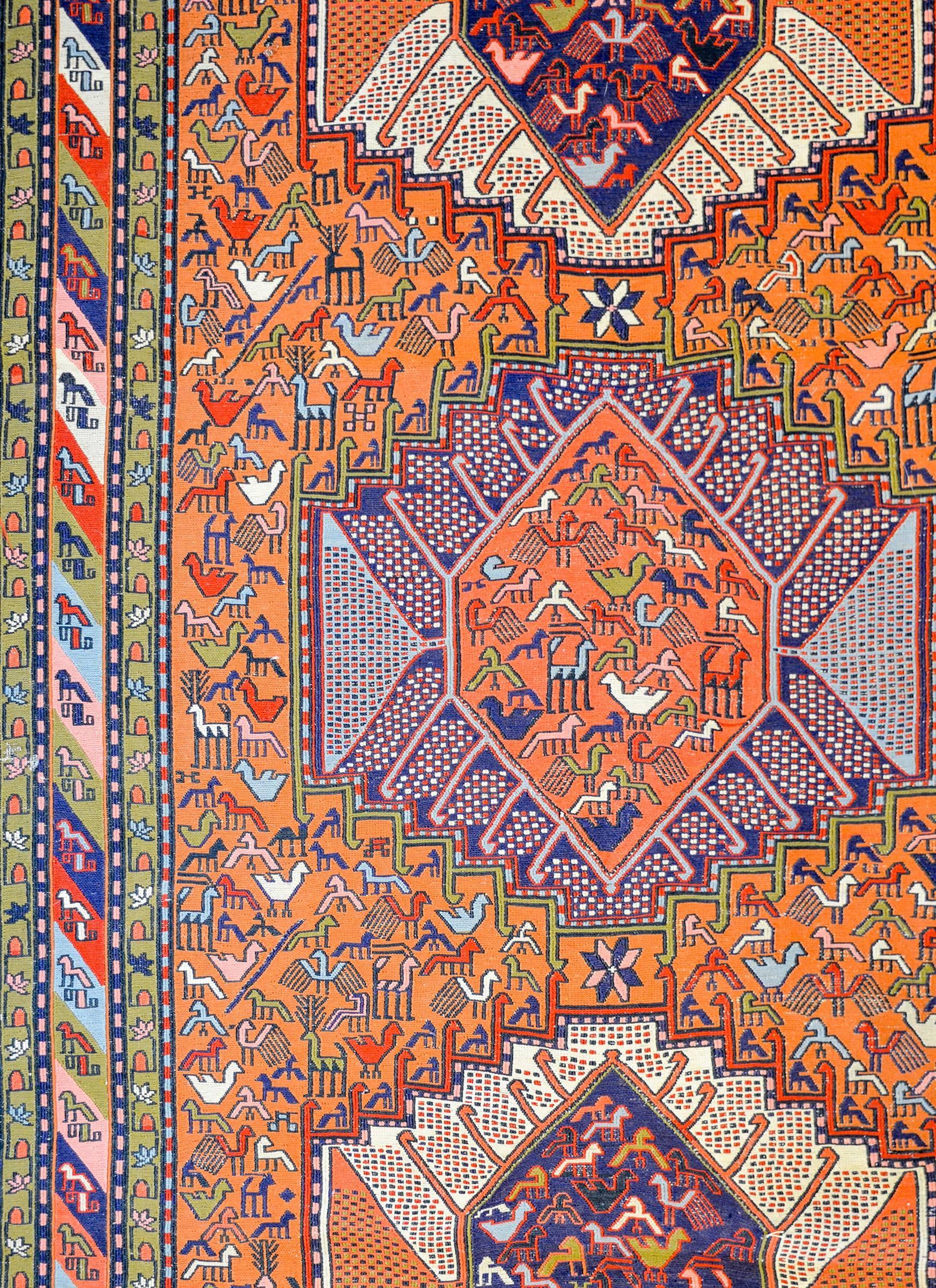 Whimsical Early 20th Century Sumak Rug In Good Condition For Sale In Chicago, IL