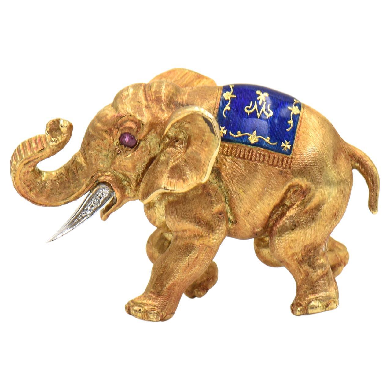 Whimsical Elephant Yellow Gold Diamond Ruby and Enamel Brooch