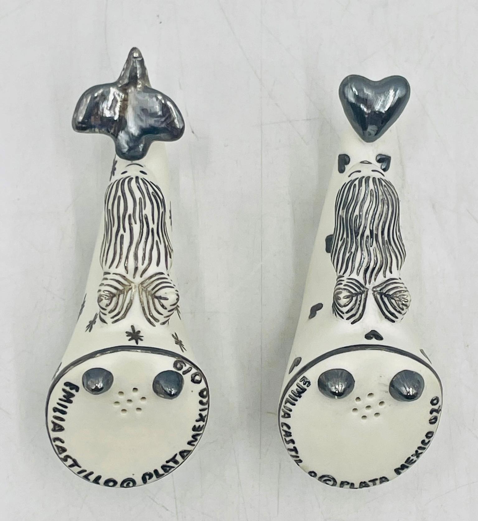Mexicain Salière et poivrière en argent et porcelaine d'Emilia Castillo, années 1980 en vente