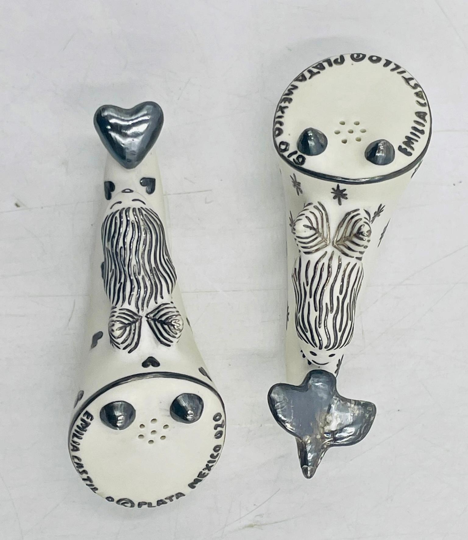 Fait main Salière et poivrière en argent et porcelaine d'Emilia Castillo, années 1980 en vente