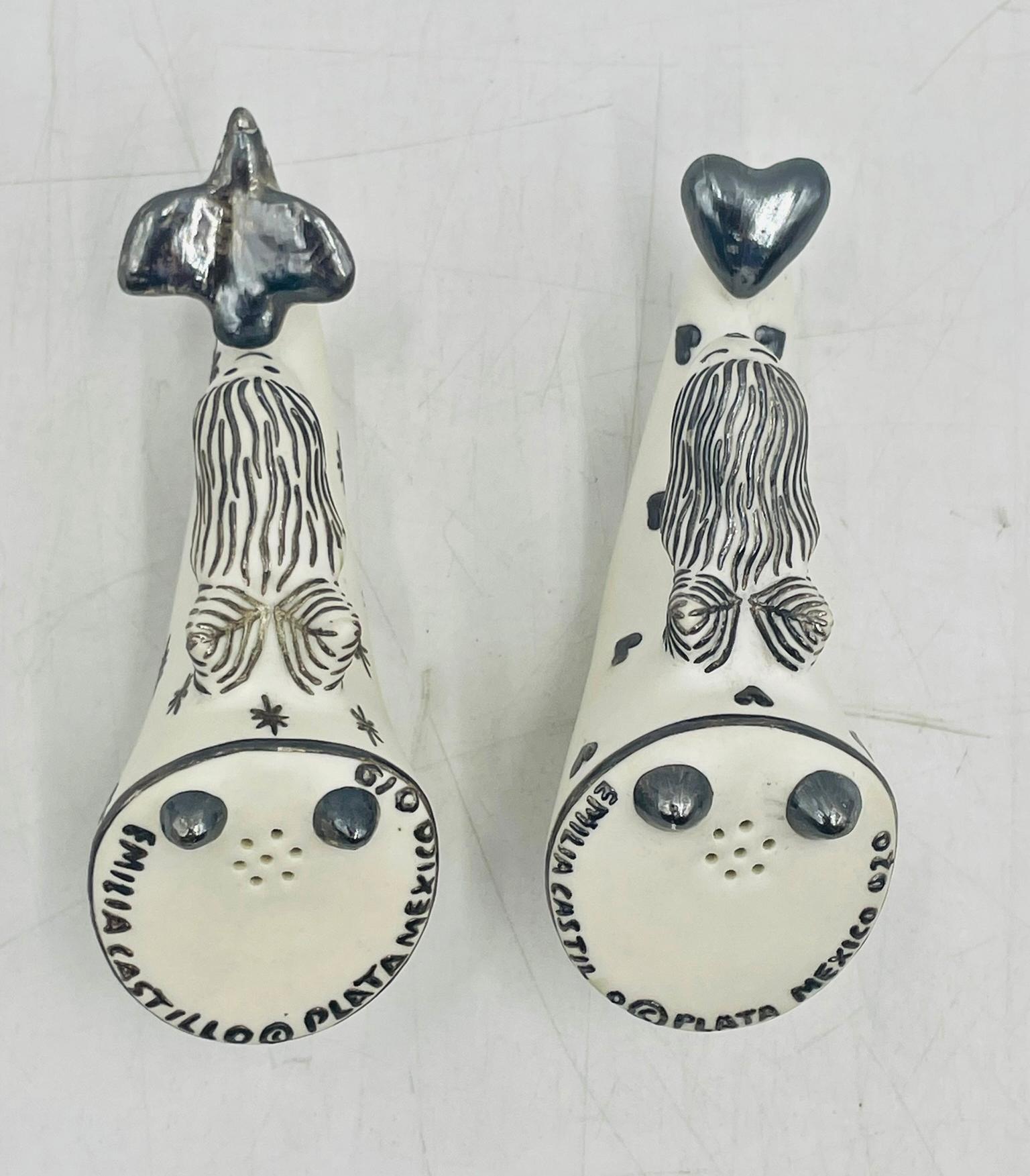 Salière et poivrière en argent et porcelaine d'Emilia Castillo, années 1980 en vente 1