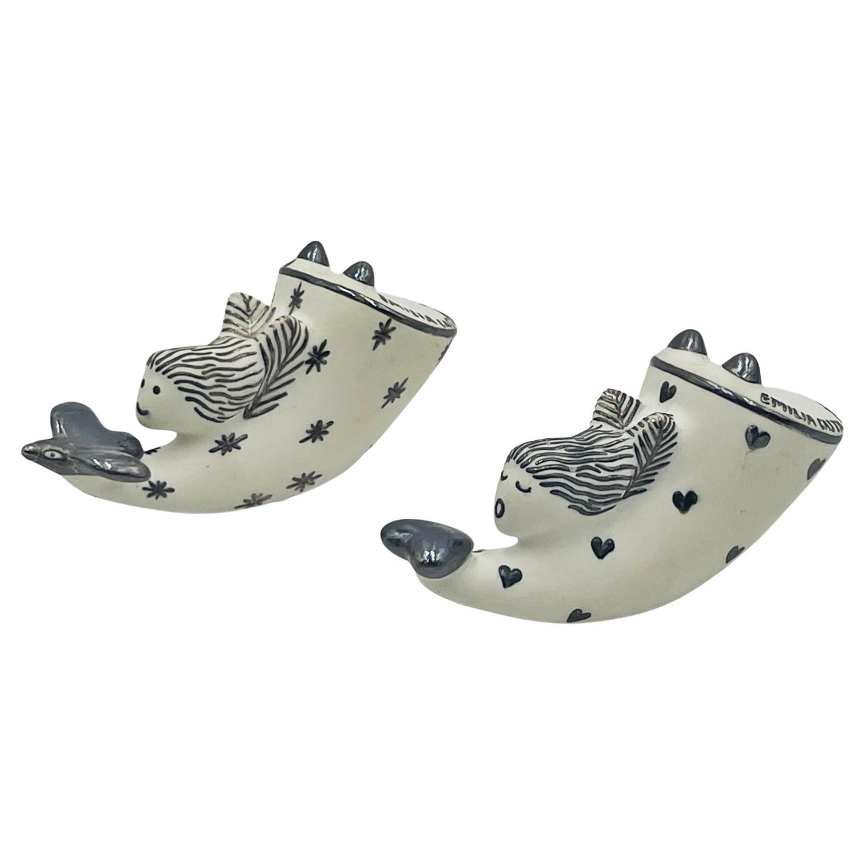 Salière et poivrière en argent et porcelaine d'Emilia Castillo, années 1980