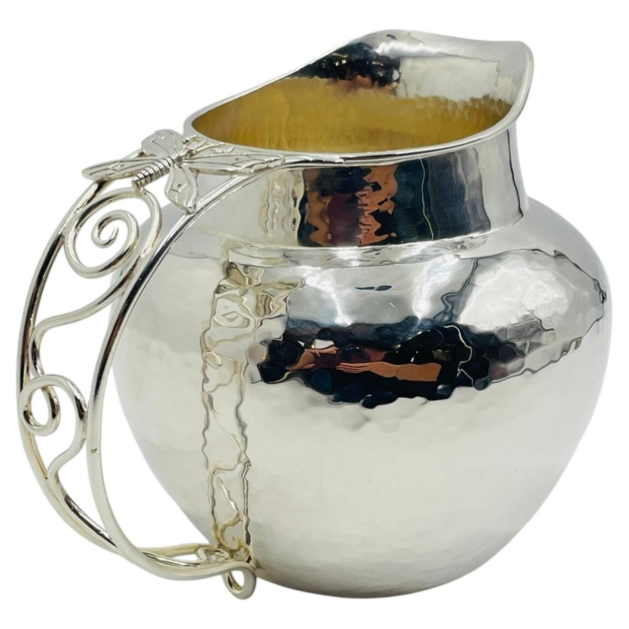 Whimsical Emilia Castillo Water Pitcher in Hammered Silver Finish, Mexico Silver