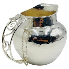 Whimsical Emilia Castillo Water Pitcher in Hammered Silver Finish, Mexico Silver