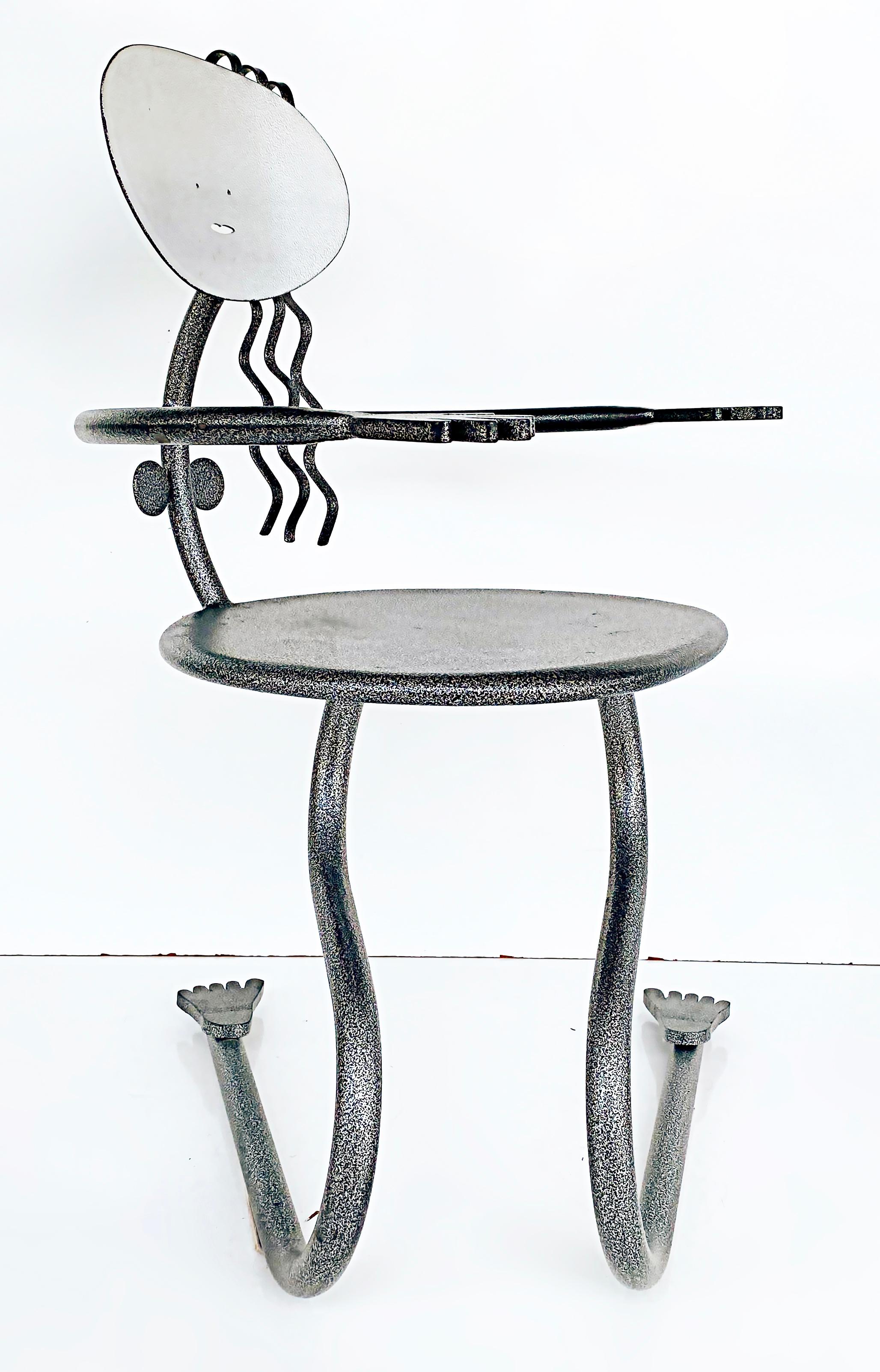 Whimsical enameled iron sculptural post-modern chair of girl

Offered for sale is a 1980s sculptural Postmodern chair created in the form of a woman or a girl. The chair is whimsical with long hair and outstretched arms with hands. The body is