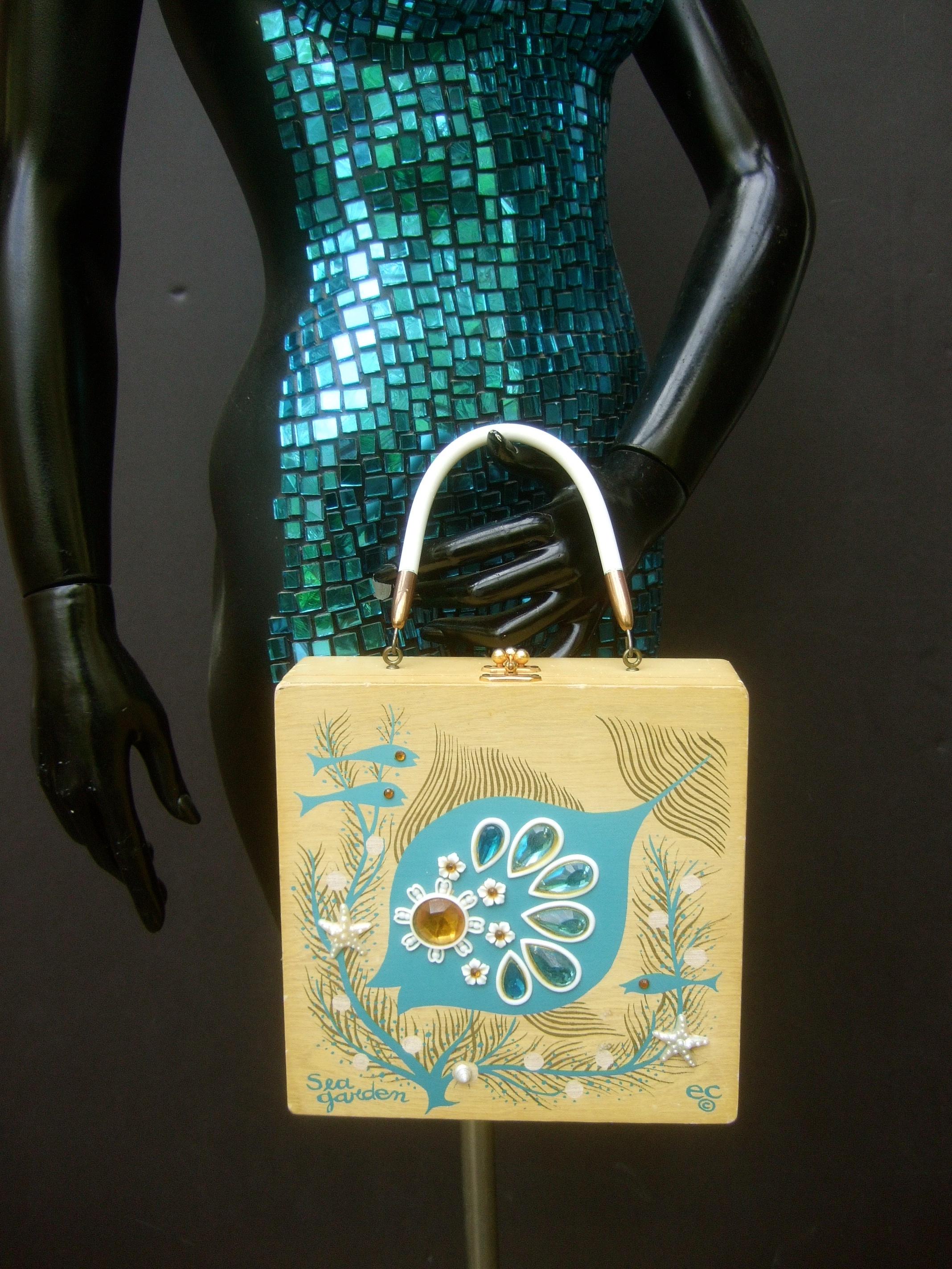 Women's Whimsical Enid Collins Blonde Wood Jeweled Sea Life Themed Box Purse c 1960s