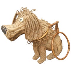 Whimsical Extremely Rare Handmade Artisan Wicker Canine Handbag circa 1950s 