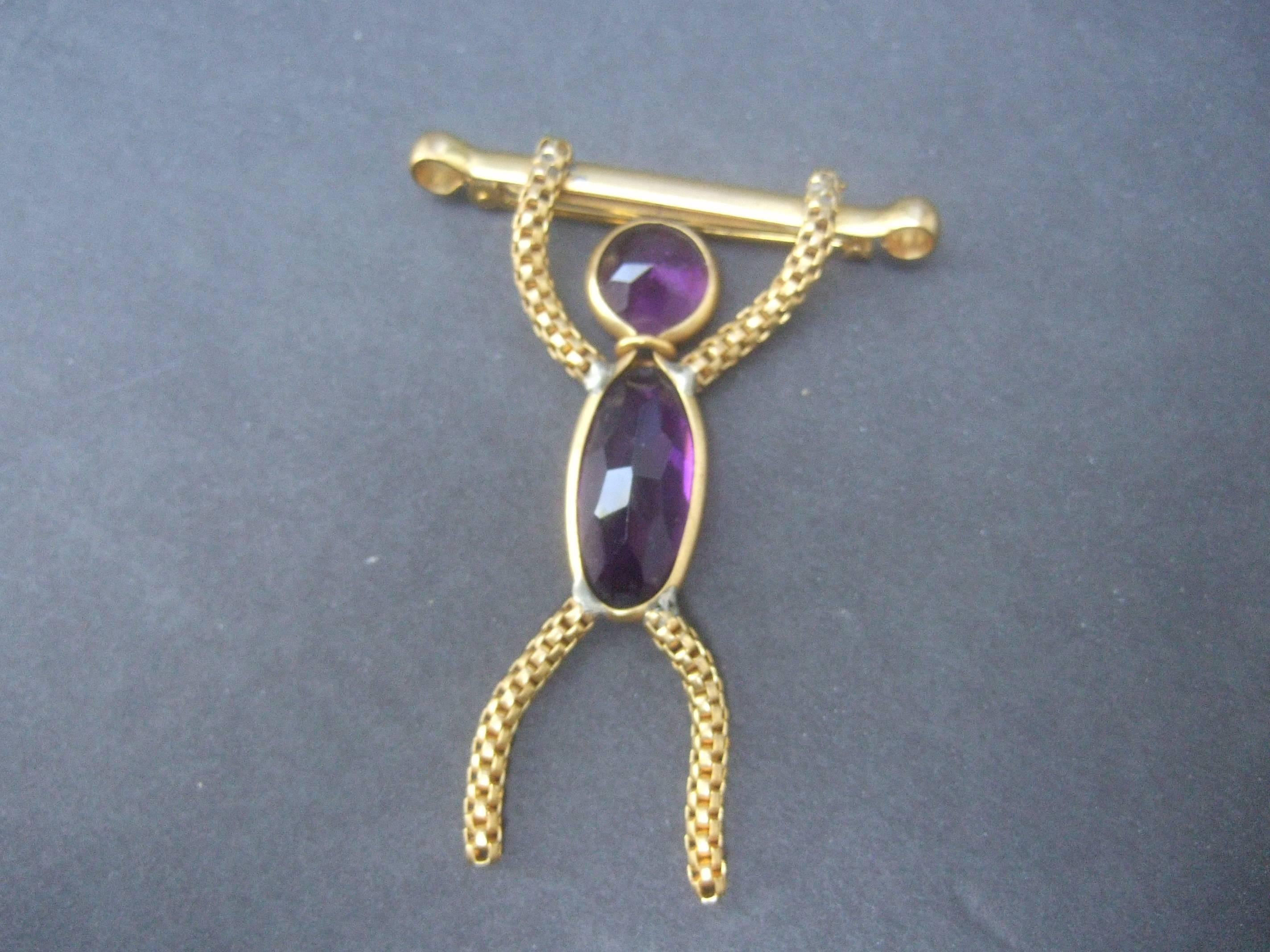Women's Whimsical Figural Hang Man Crystal Brooch circa 1960 For Sale