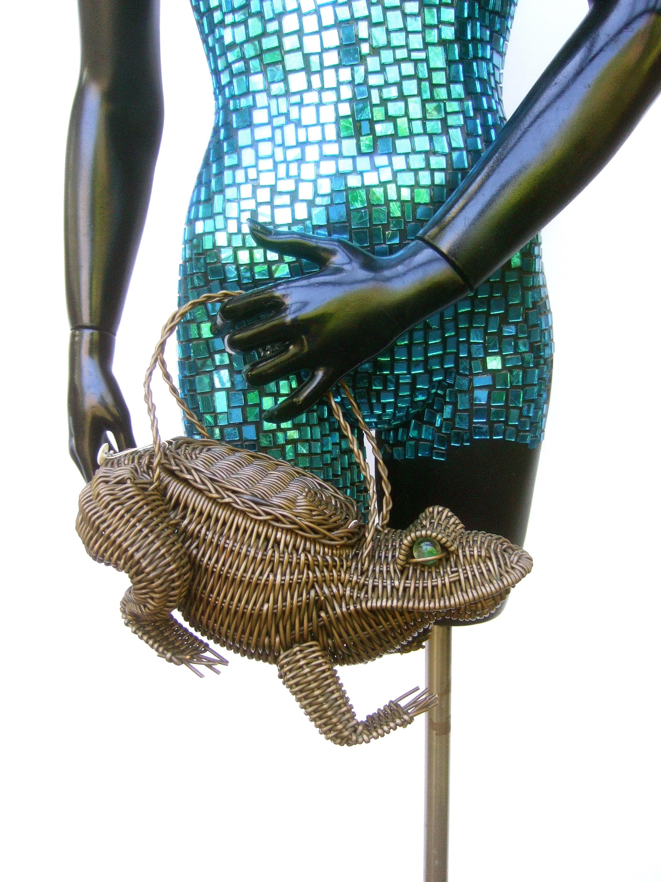 Gray Avant-Garde Figural Wicker Frog Design Handbag c 1960s 