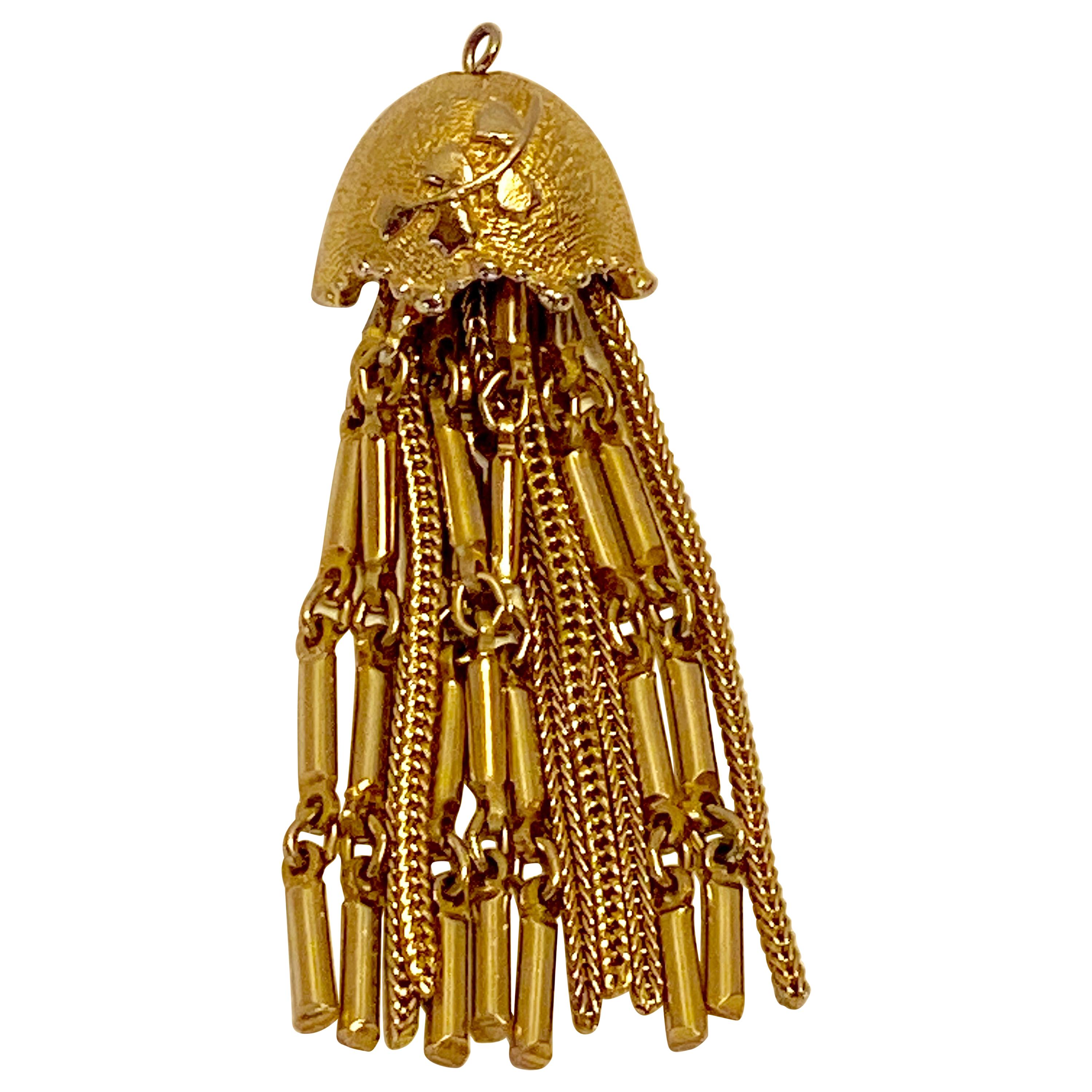 Whimsical Floral Umbrella Gold Hardware With Dangling Multi-Chain Pendant For Sale