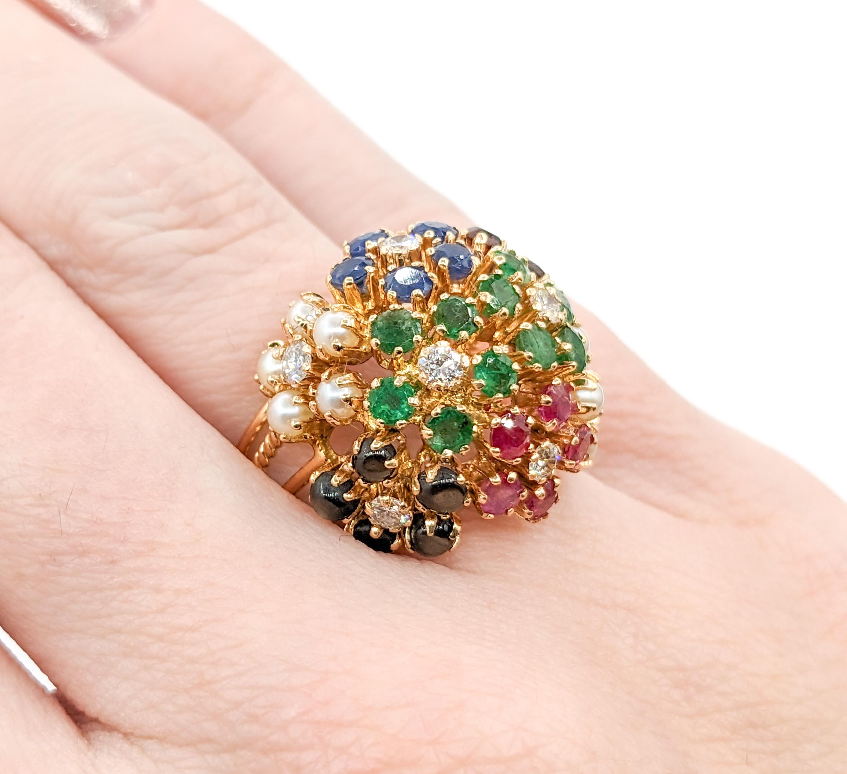 Modern Whimsical Flower Cluster Ring with Diamonds, Ruby, Pearls & Emeralds For Sale