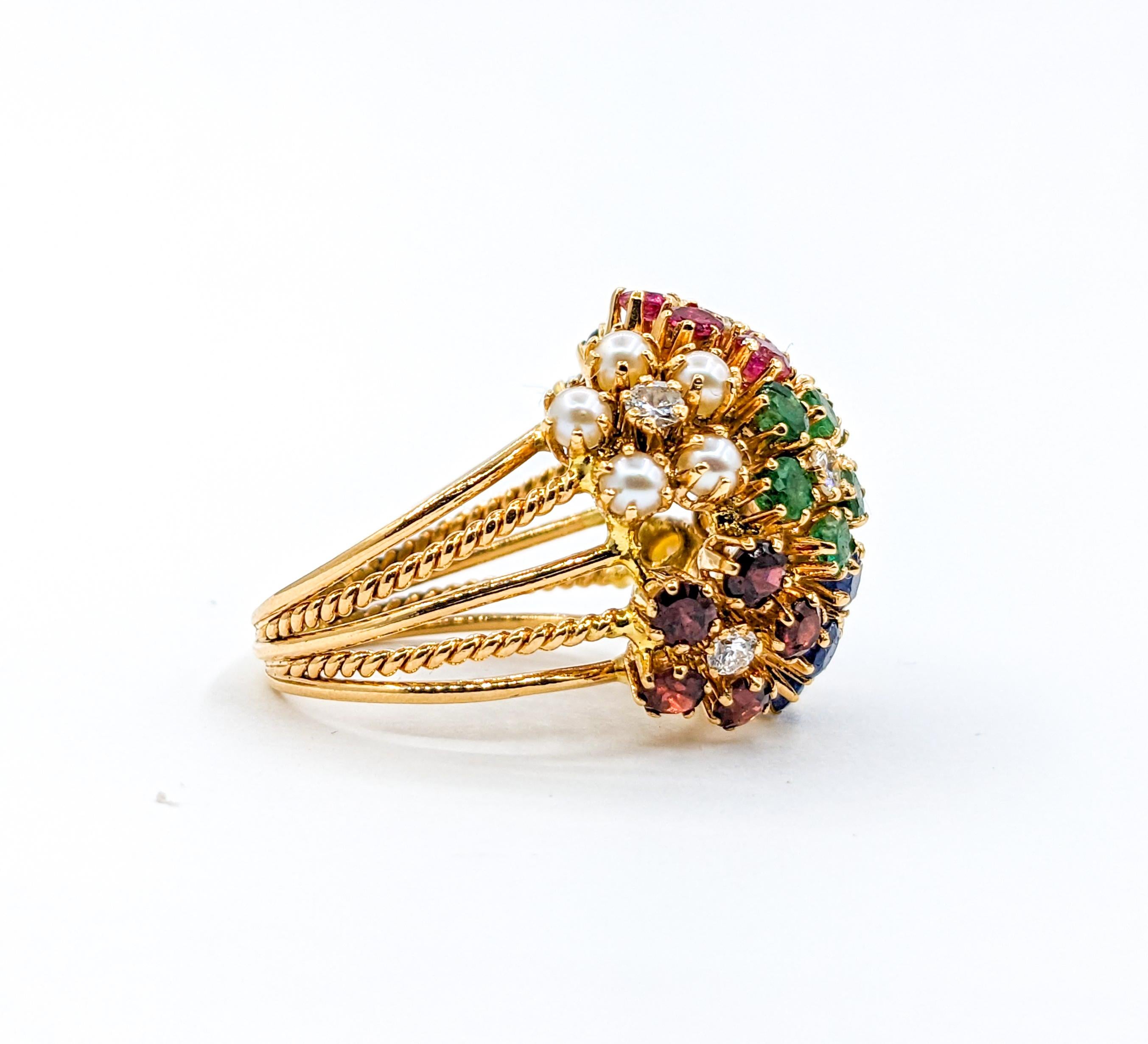 Round Cut Whimsical Flower Cluster Ring with Diamonds, Ruby, Pearls & Emeralds For Sale