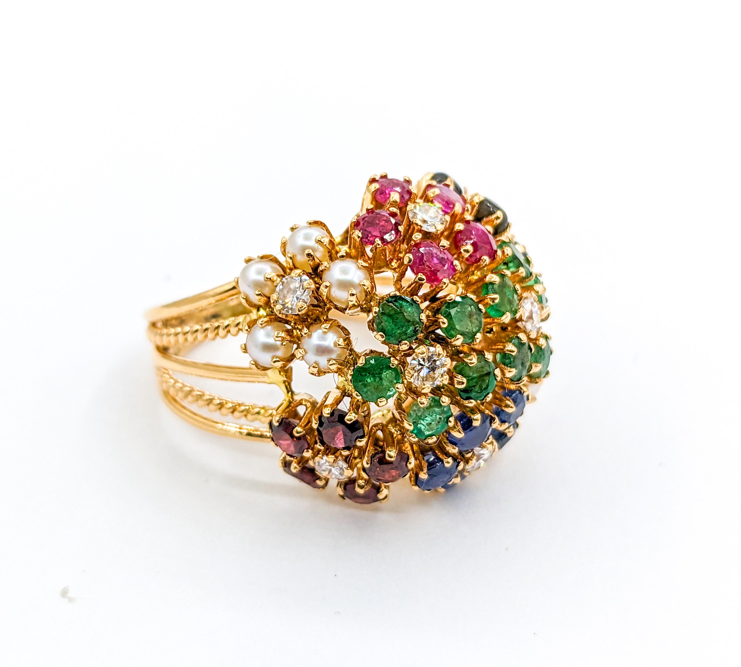 Whimsical Flower Cluster Ring with Diamonds, Ruby, Pearls & Emeralds In Excellent Condition For Sale In Bloomington, MN