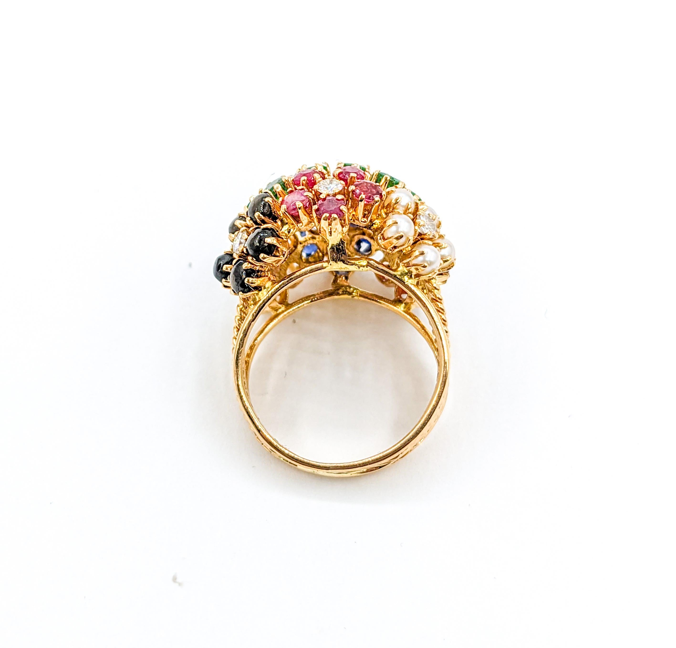 Women's Whimsical Flower Cluster Ring with Diamonds, Ruby, Pearls & Emeralds For Sale