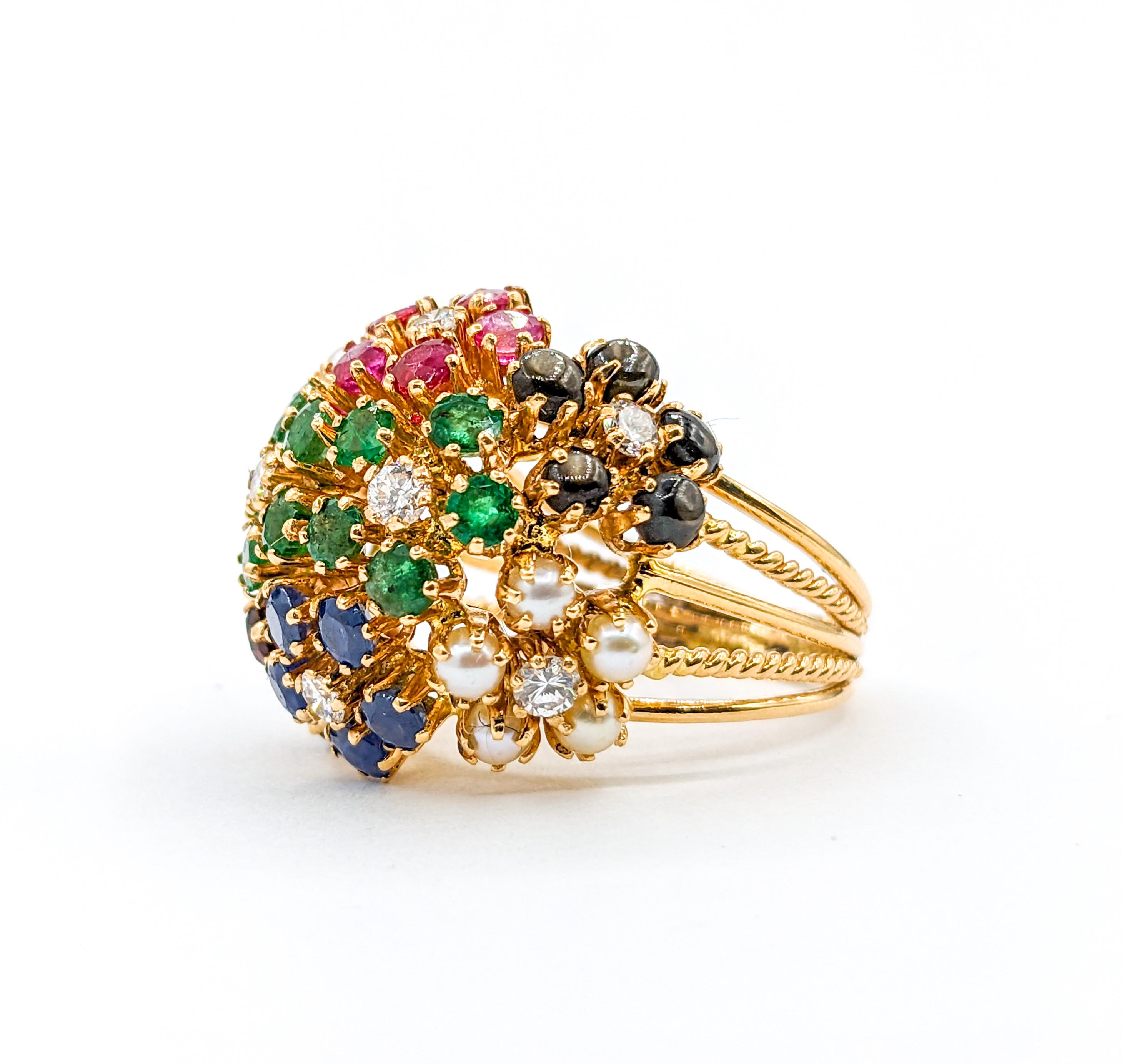 Whimsical Flower Cluster Ring with Diamonds, Ruby, Pearls & Emeralds For Sale 2