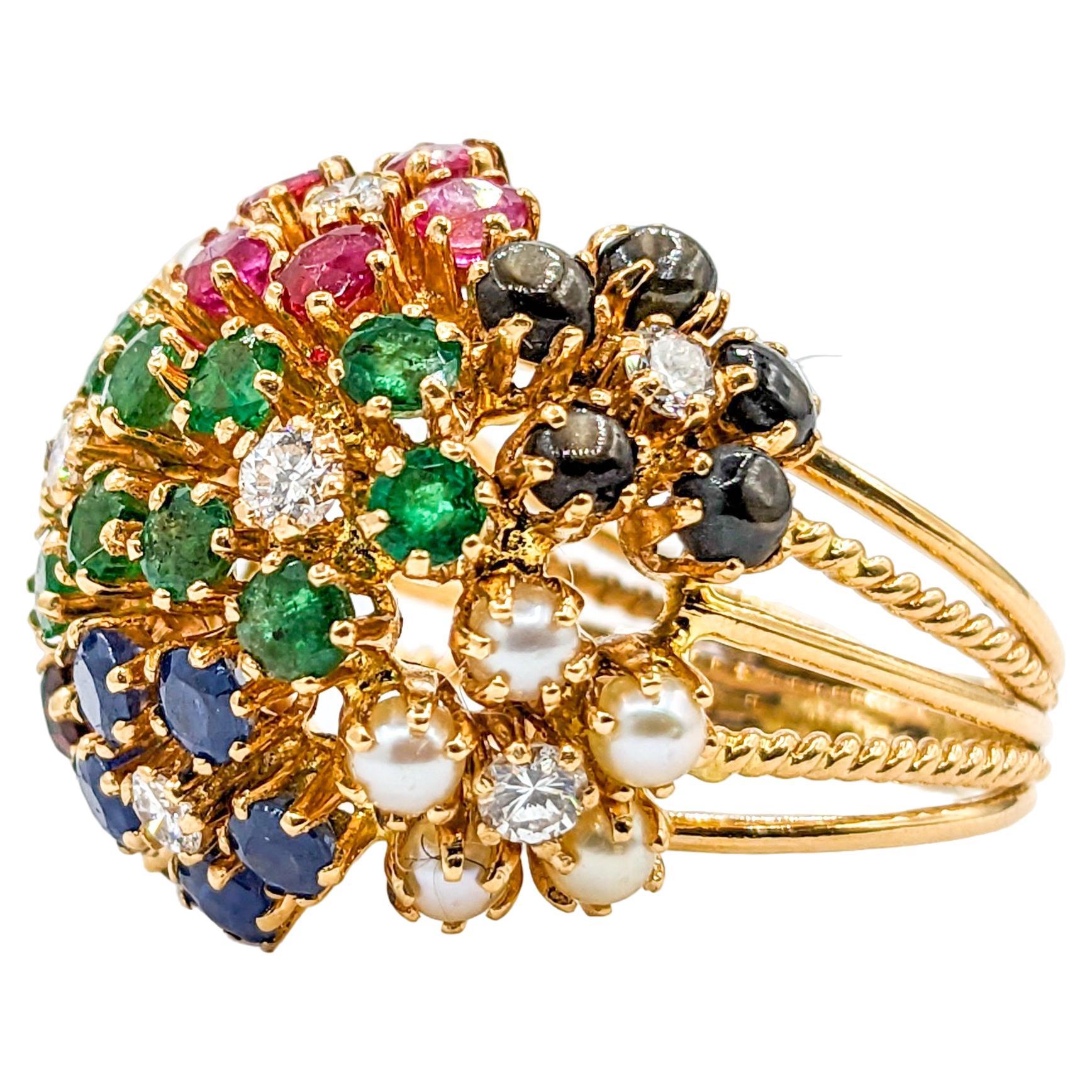 Whimsical Flower Cluster Ring with Diamonds, Ruby, Pearls & Emeralds For Sale