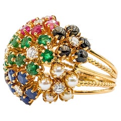 Vintage Whimsical Flower Cluster Ring with Diamonds, Ruby, Pearls & Emeralds