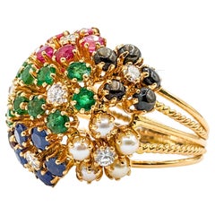 Anello a grappolo di fiori con diamanti, rubini, perle e smeraldi