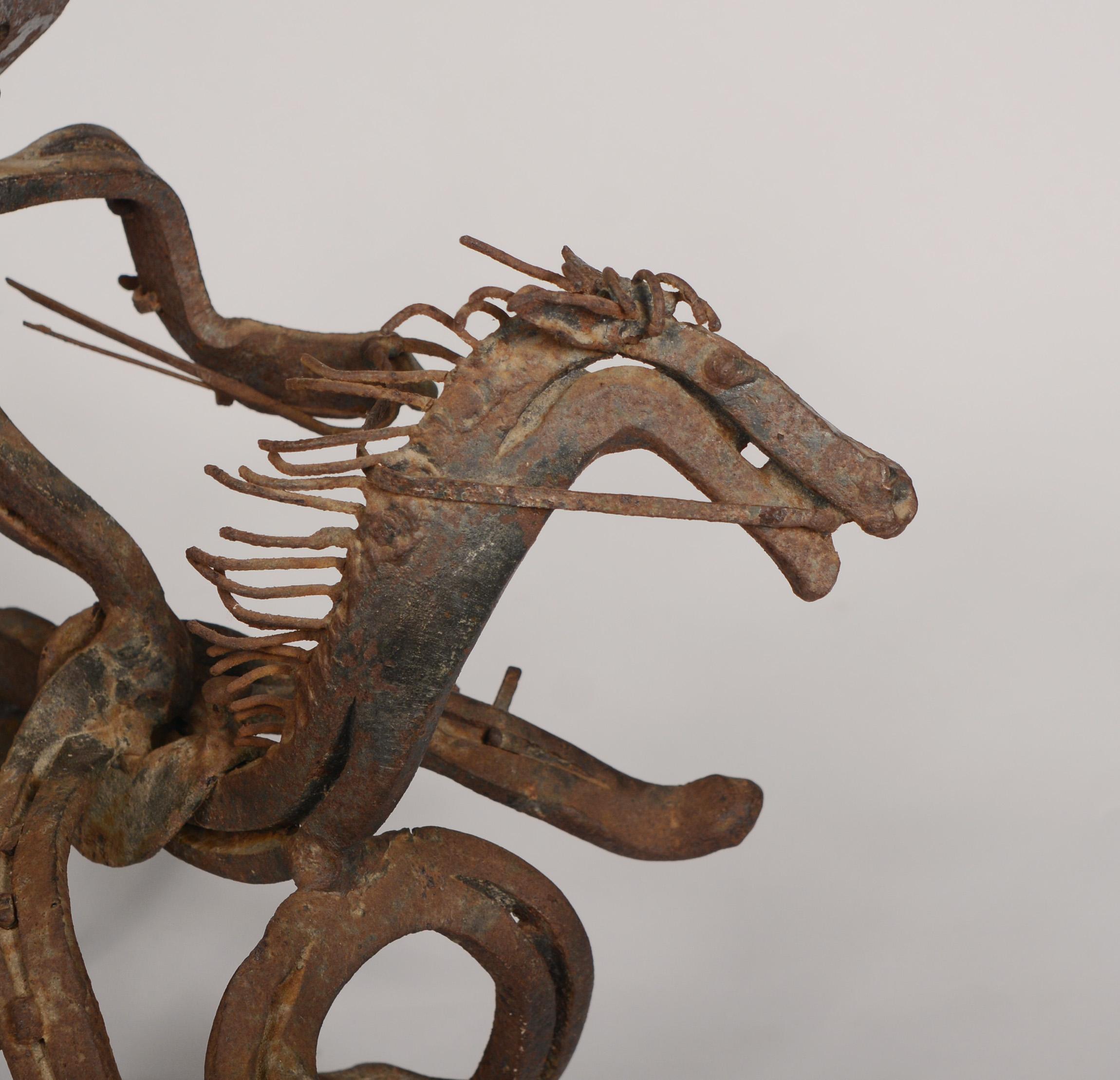 Steel Whimsical Folk Art Horseshoe Sculpture of a Cowboy and Horse