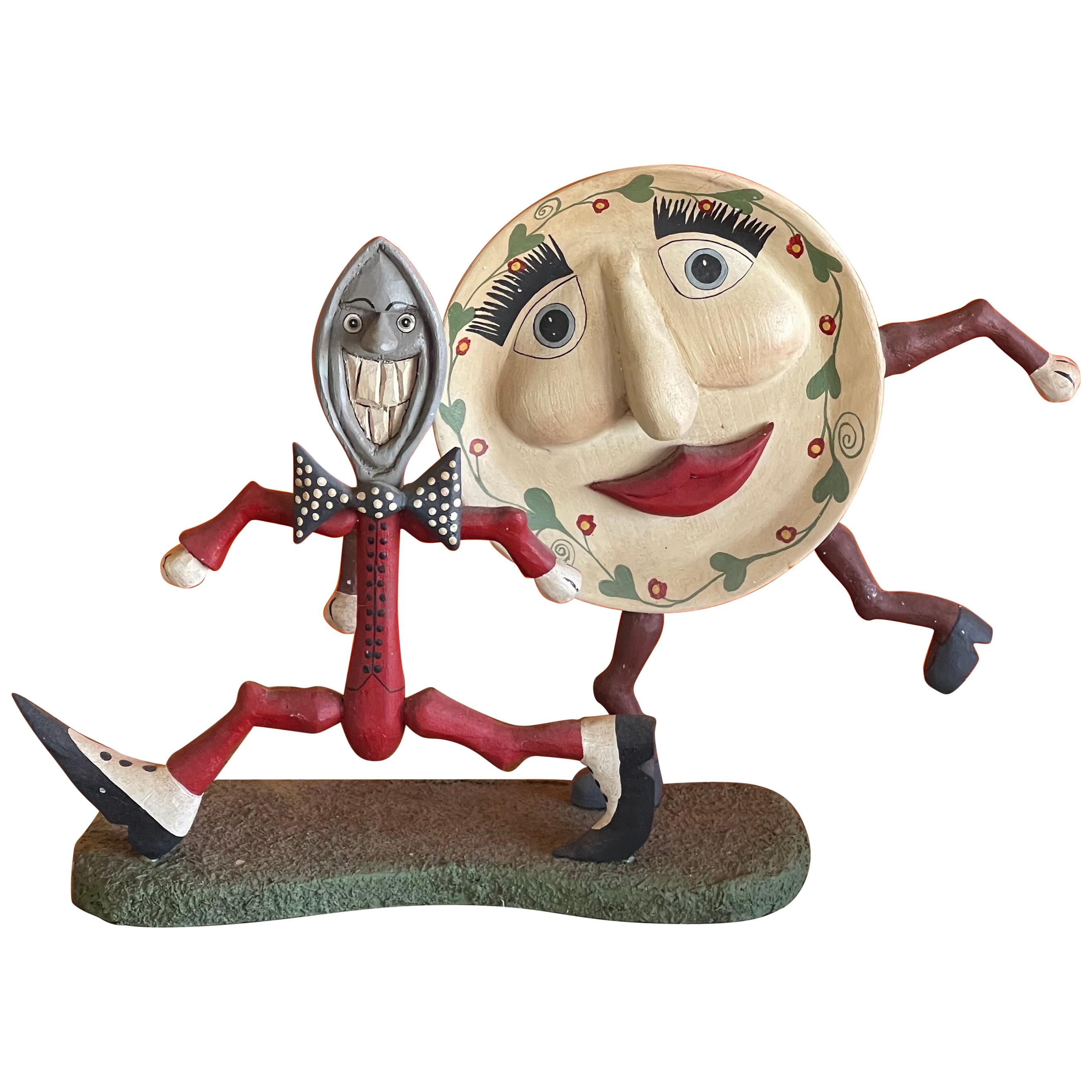 Whimsical Folk Art Sculpture "Dish Ran Away With the Spoon"