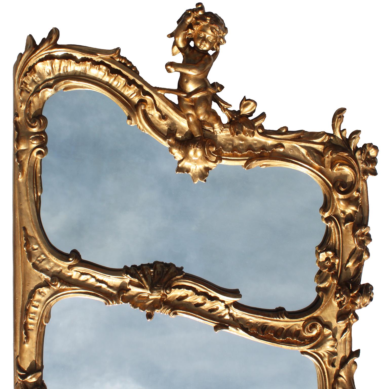 Whimsical French 19th-20th Century Belle Époque Gilt-Wood Triptych Putti Mirrors For Sale 1